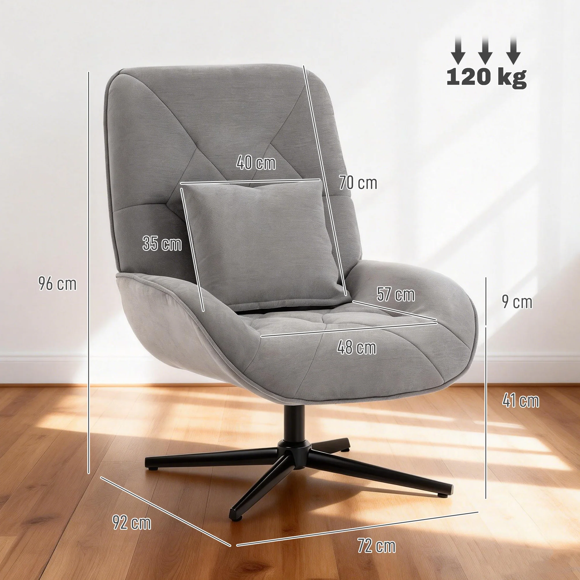 HOMCOM Swivel Accent Chair, Chenille Armchair With Lumbar Pillow, Light Grey - Image 3