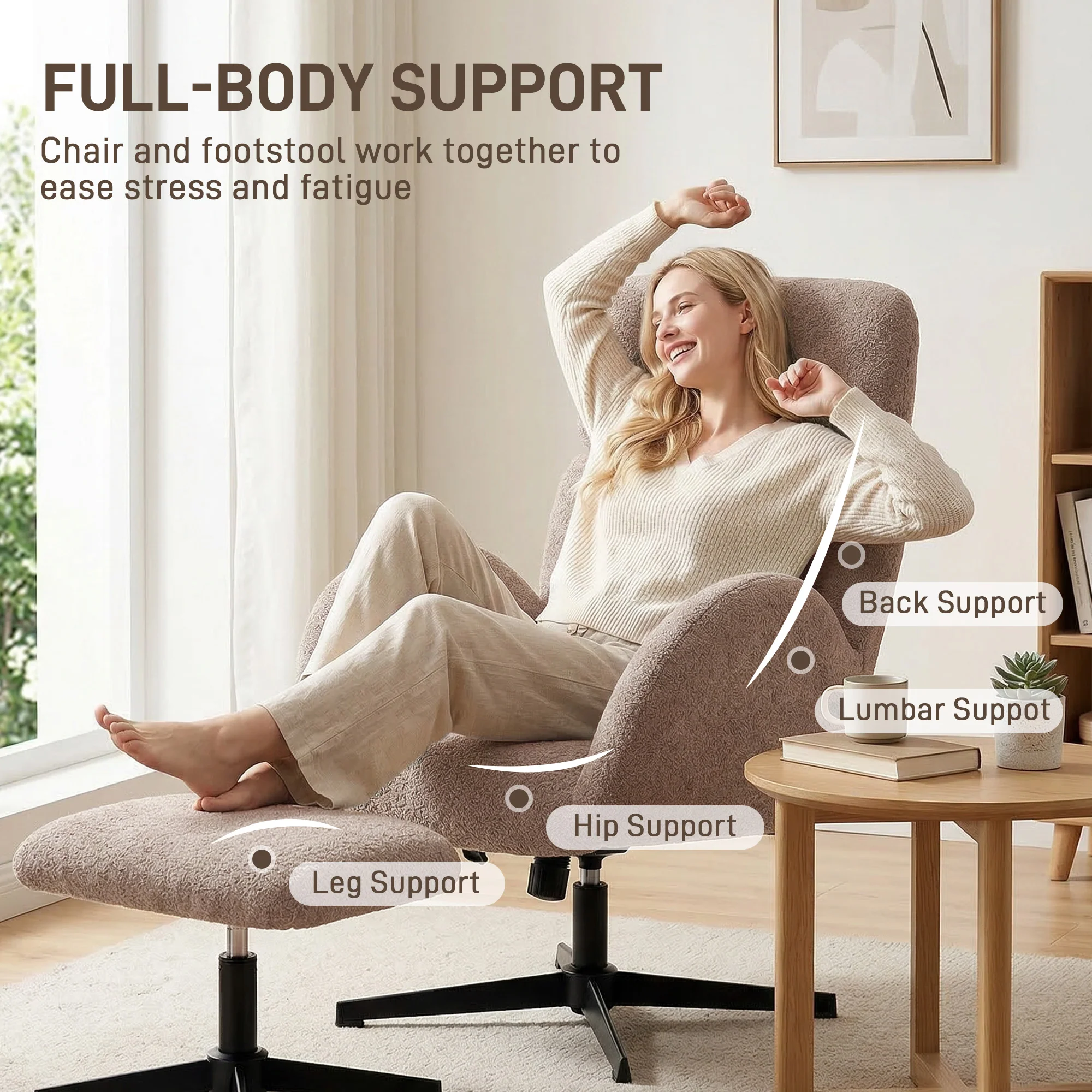 HOMCOM Swivel Armchair With Footstool, Rocking Accent Chair, Light Brown - Image 3