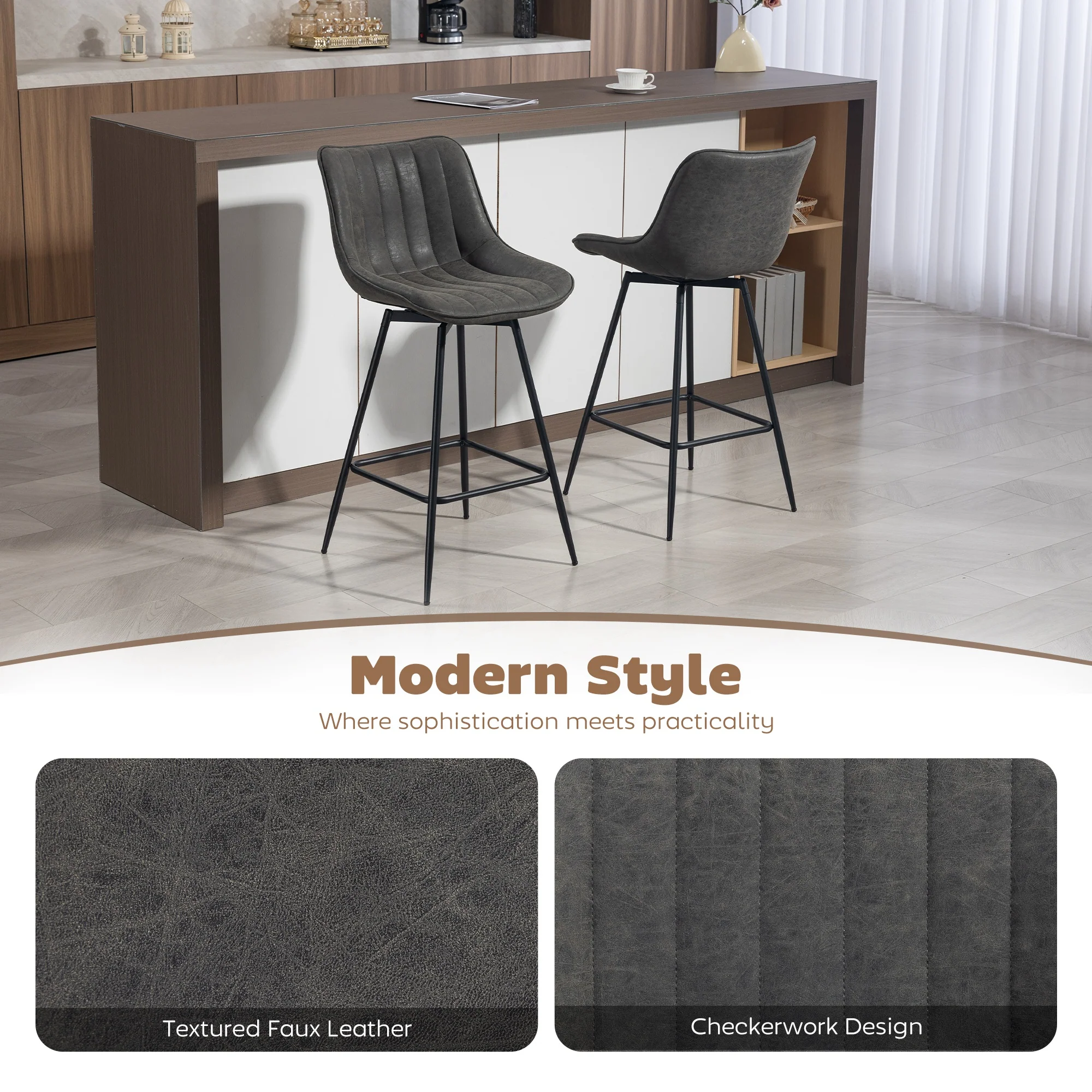 HOMCOM Swivel Bar Stools Set of 2, PU Leather Upholstered Bar Chairs, Grey - Image 3