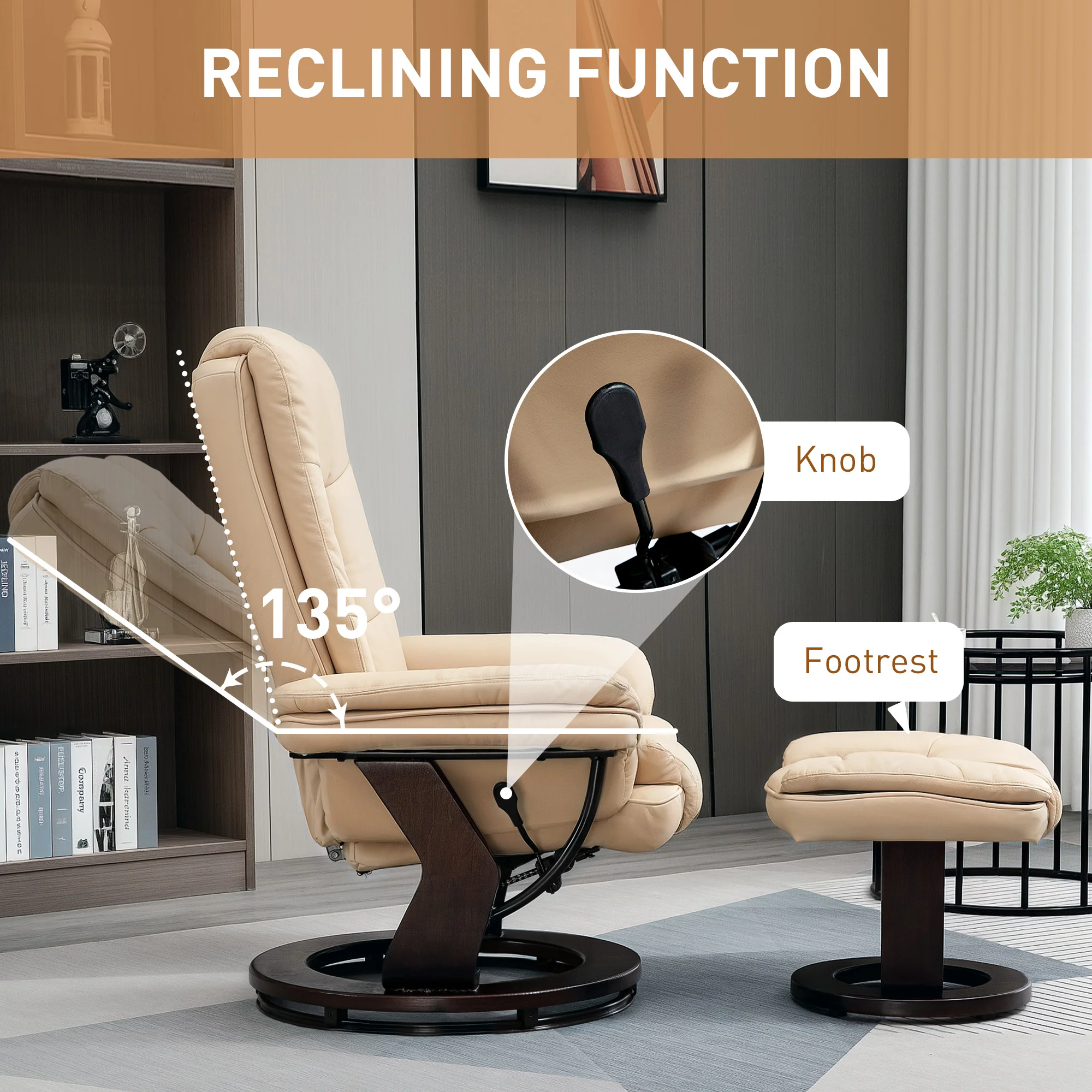 HOMCOM Swivel Manual Recliner And Footrest Set PU Leather Lounge Chair Beige - Image 3