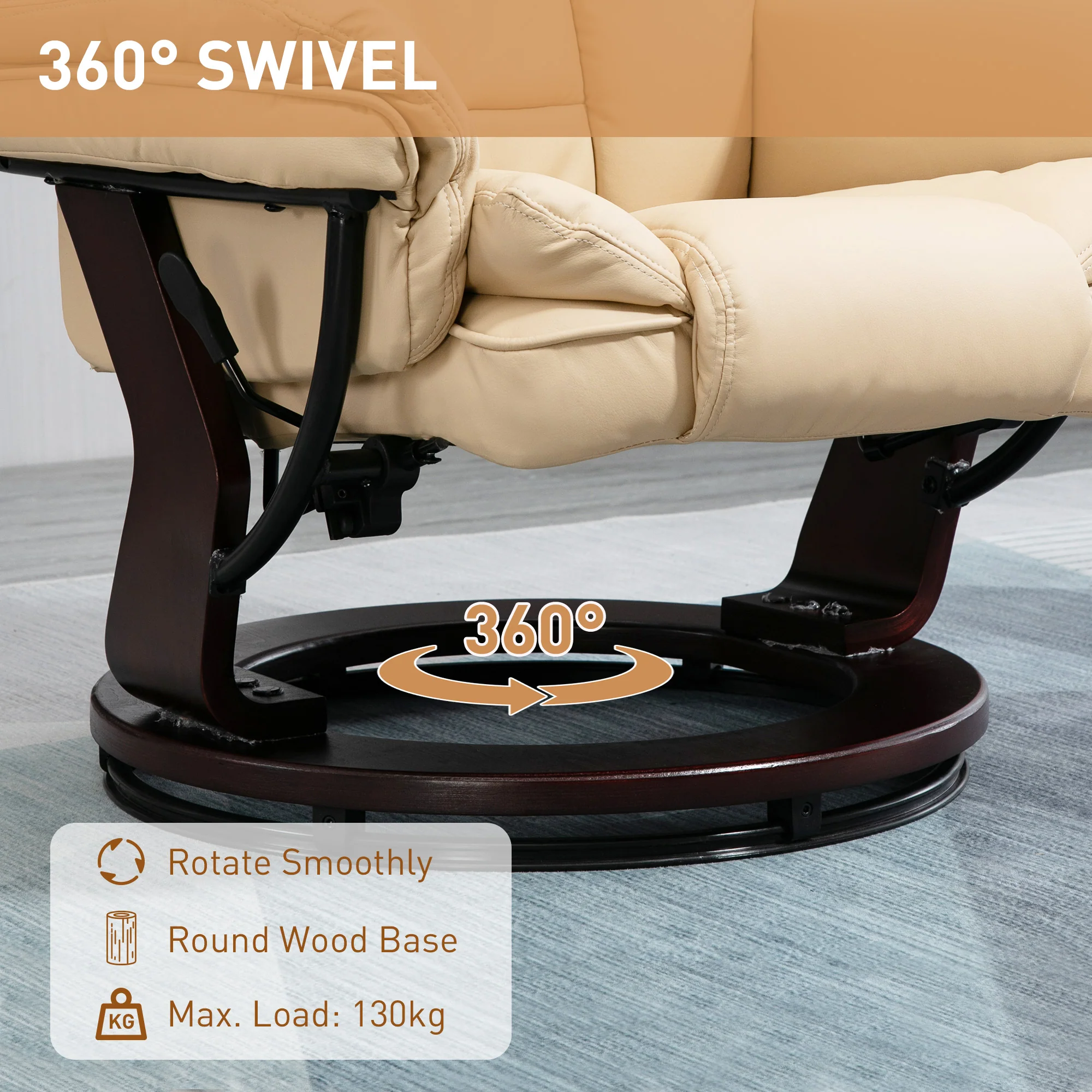 HOMCOM Swivel Manual Recliner And Footrest Set PU Leather Lounge Chair Beige - Image 4