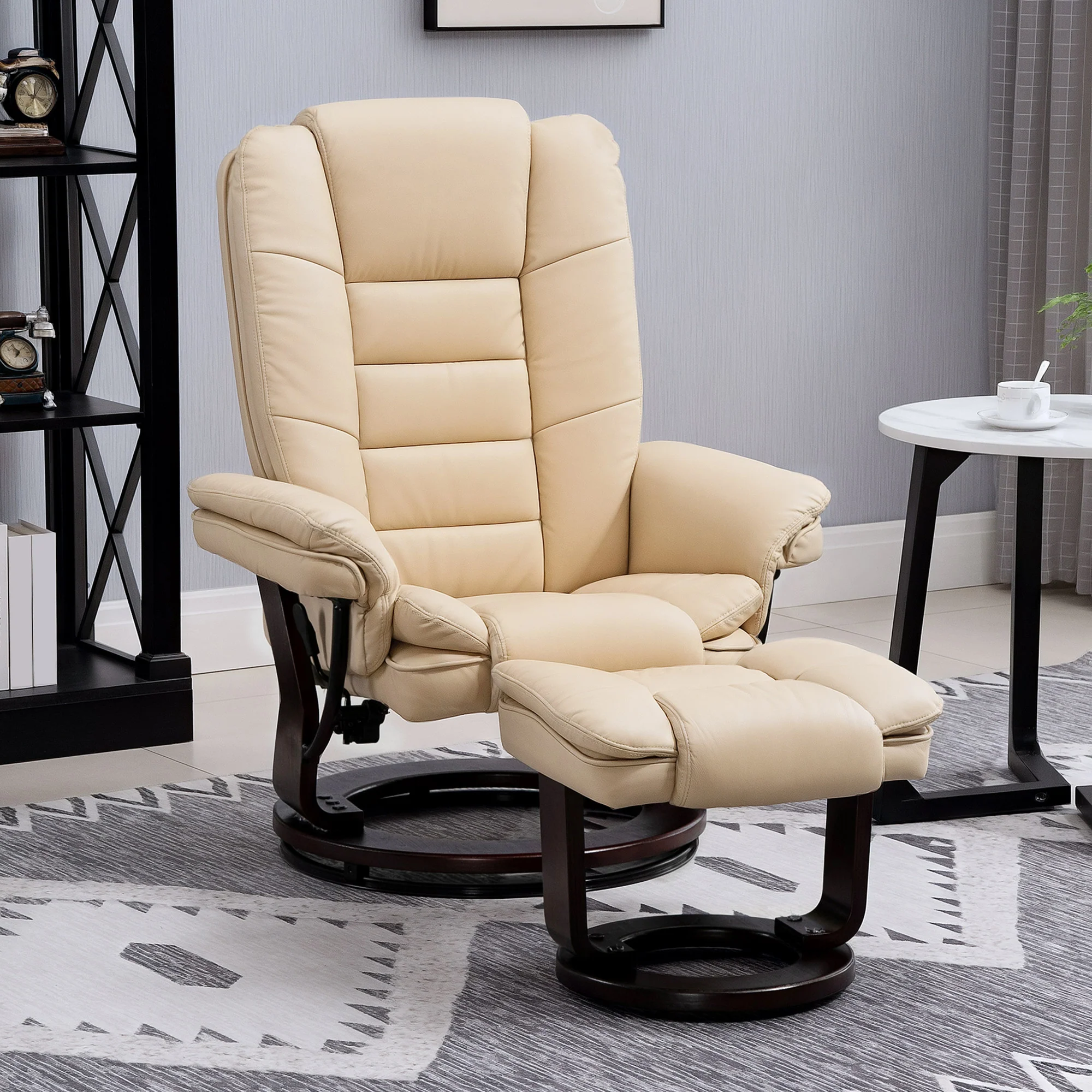 HOMCOM Swivel Manual Recliner And Footrest Set PU Leather Lounge Chair Beige - Image 7
