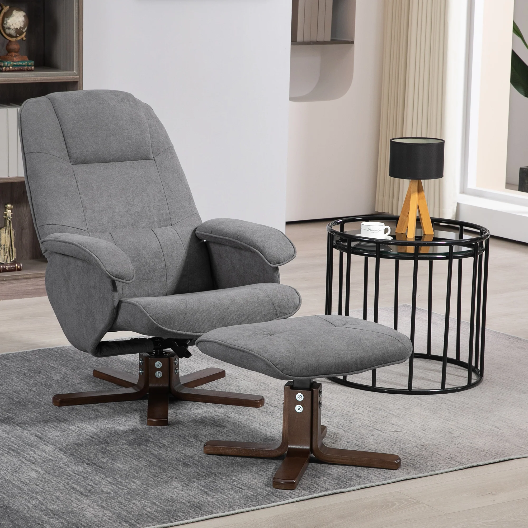 HOMCOM Swivel Recliner Chair And Footstool Linen-touch Fabric Wooden Base, Grey - Image 2