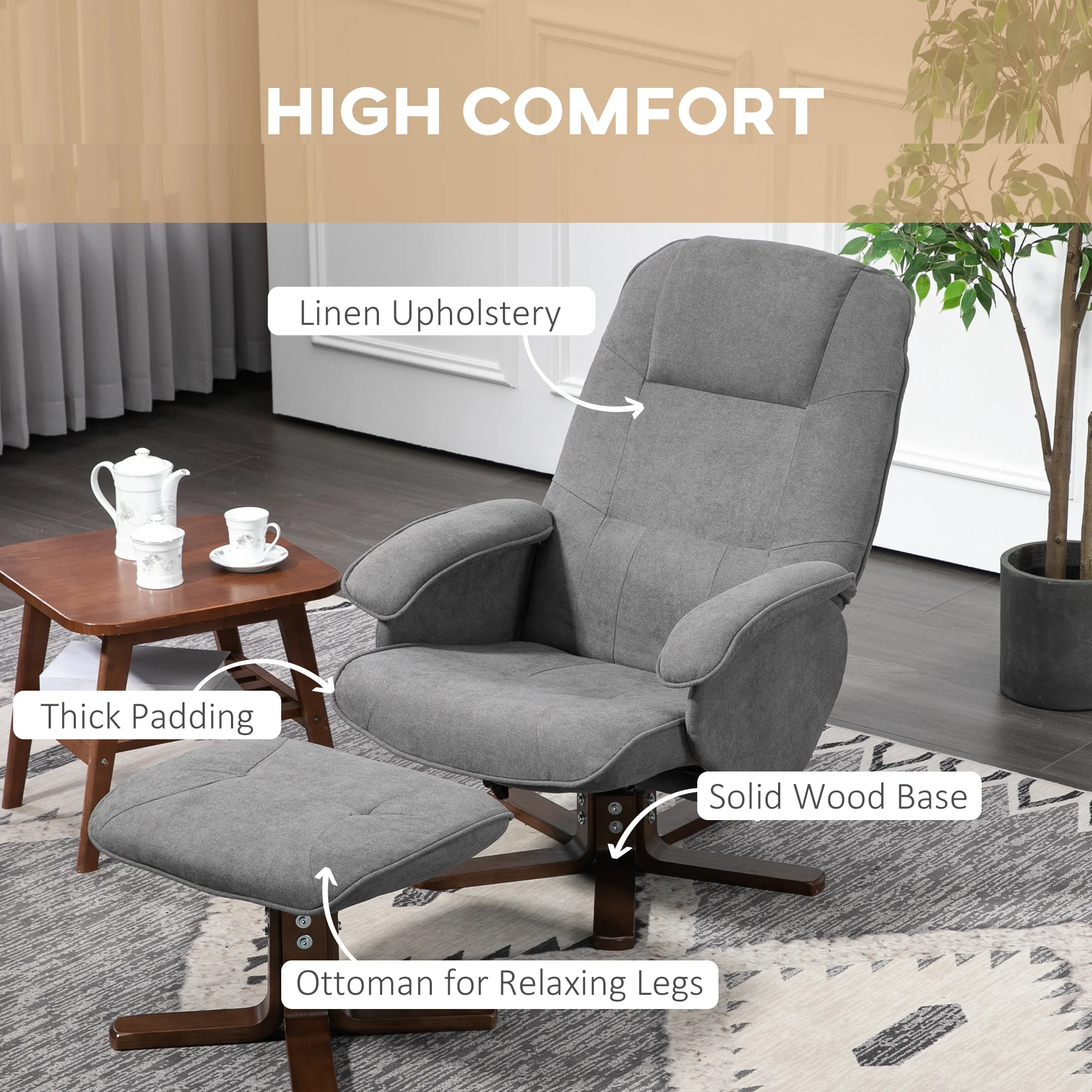 HOMCOM Swivel Recliner Chair And Footstool Linen-touch Fabric Wooden Base, Grey - Image 6