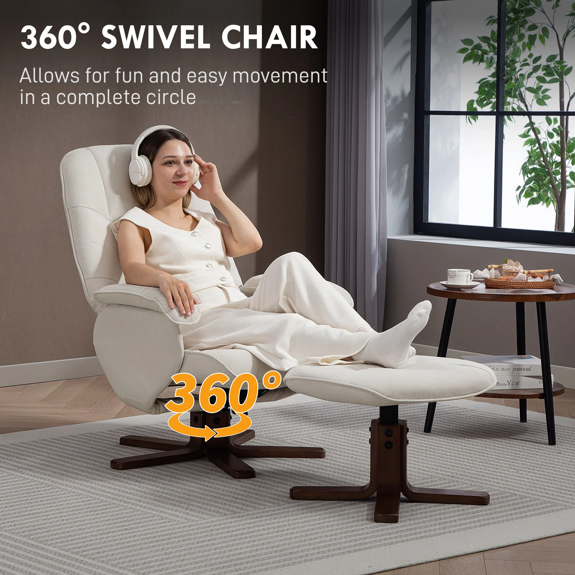 HOMCOM Swivel Recliner Chair With Footstool And Wooden Base, Beige - Image 4