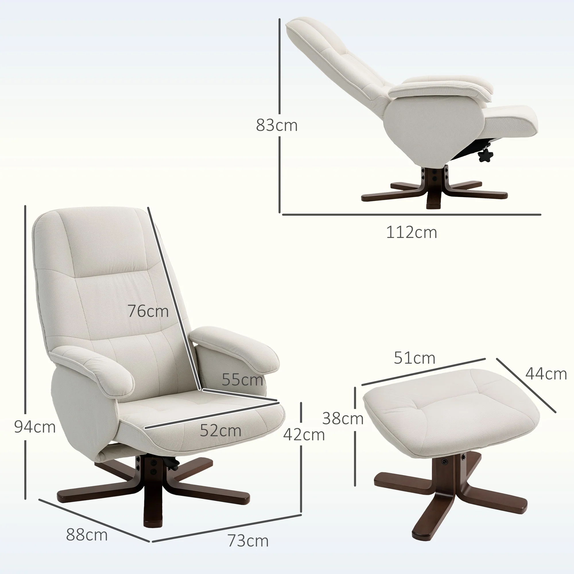 HOMCOM Swivel Recliner Chair With Footstool And Wooden Base, Beige - Image 5
