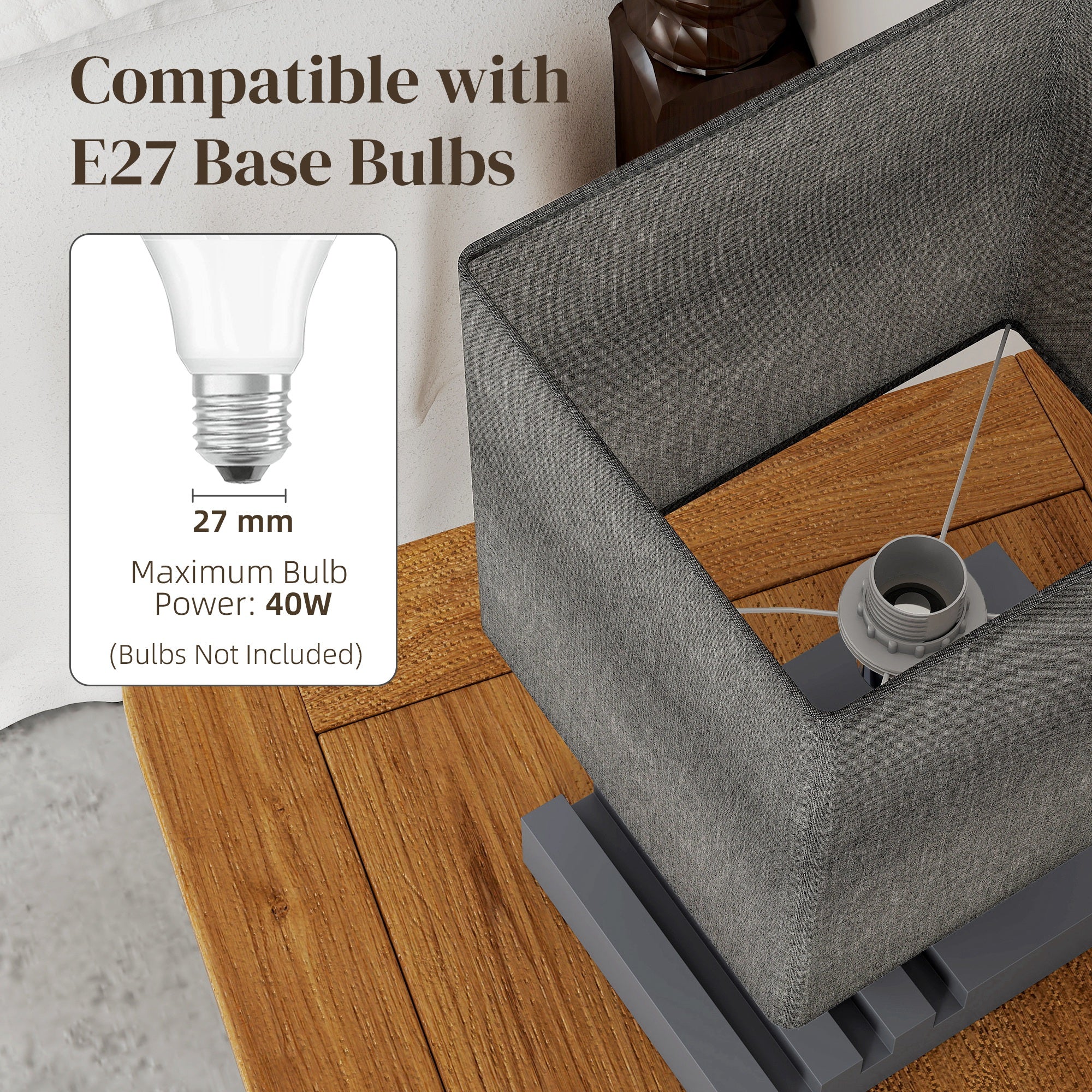 HOMCOM Table Lamp with 3 Slots, Bedside Lamp with Solid Wood Base, Grey - Image 6
