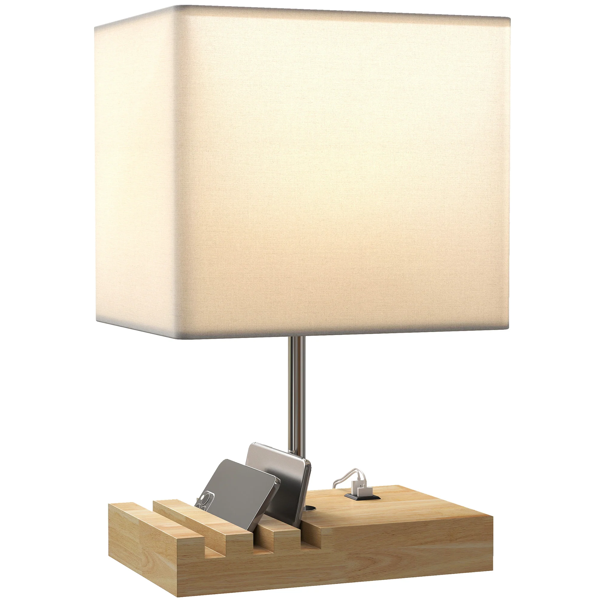 HOMCOM Table Lamp with 3 Slots, Bedside Lamp with Solid Wood Base, White