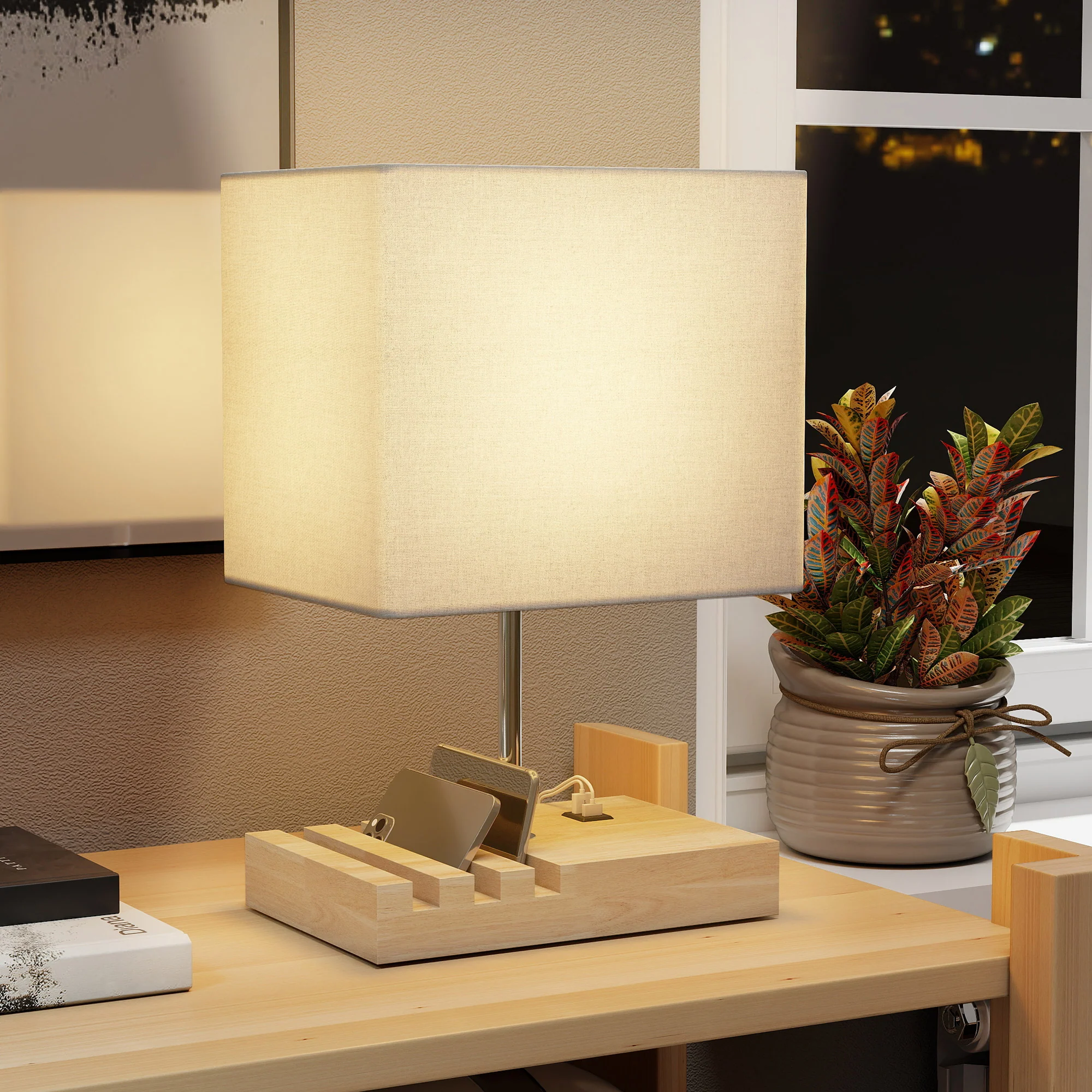 HOMCOM Table Lamp with 3 Slots, Bedside Lamp with Solid Wood Base, White - Image 2
