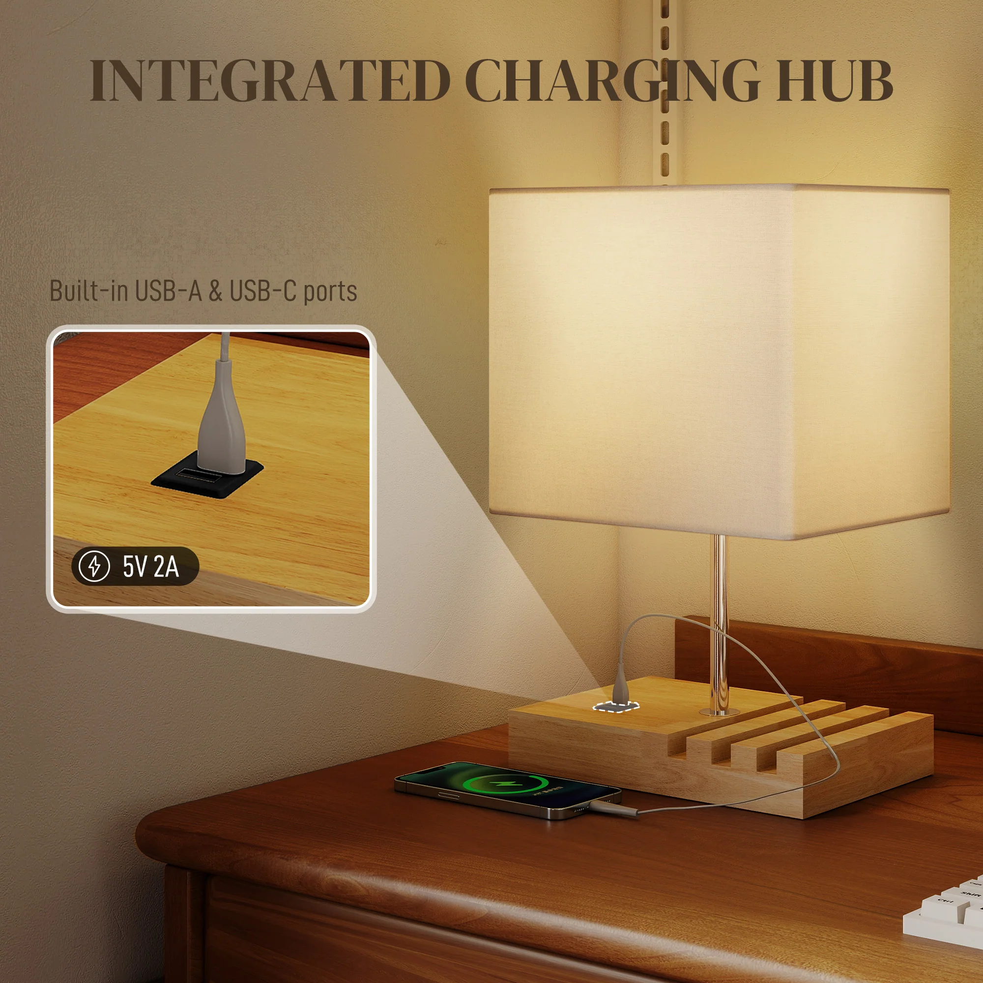 HOMCOM Table Lamp with 3 Slots, Bedside Lamp with Solid Wood Base, White - Image 3