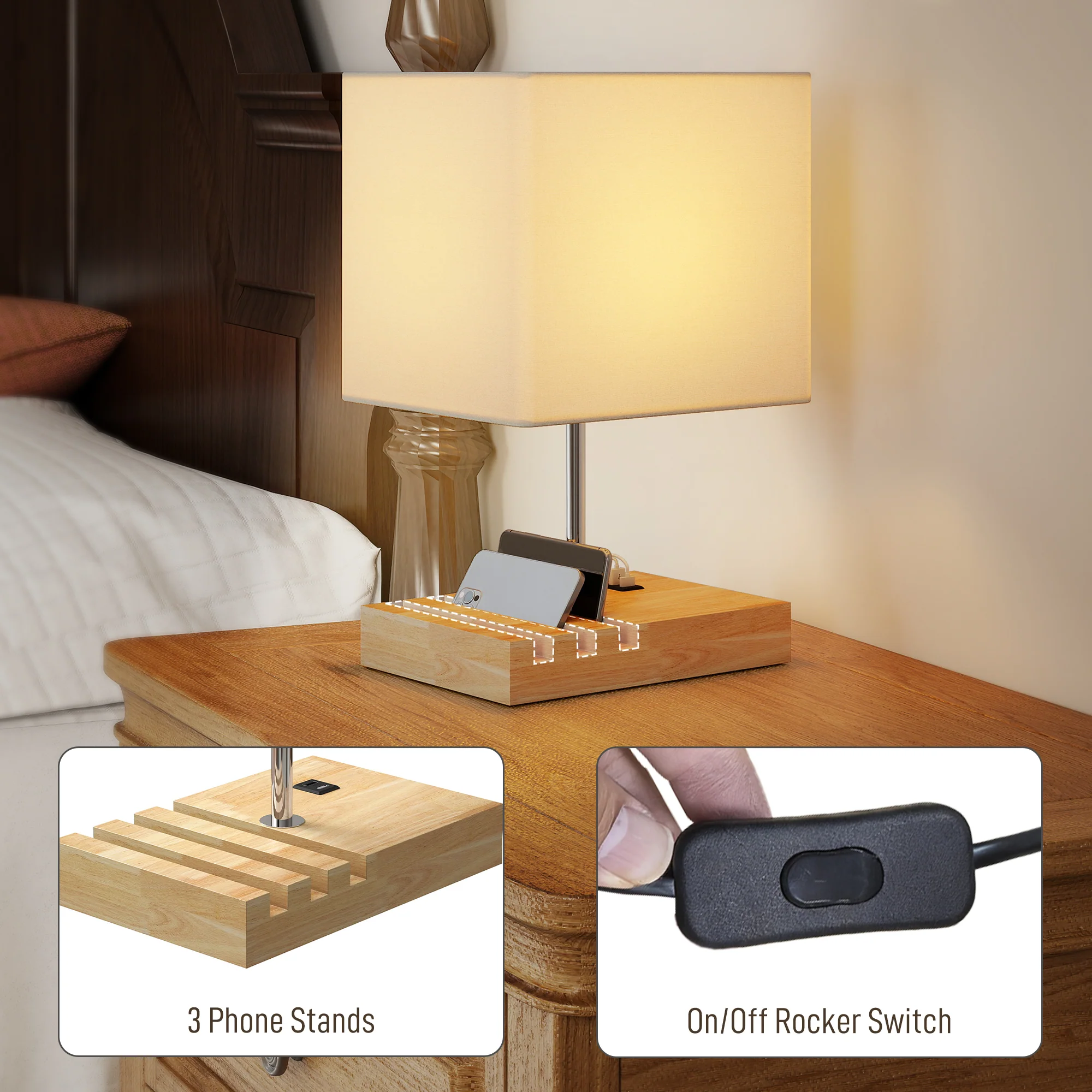 HOMCOM Table Lamp with 3 Slots, Bedside Lamp with Solid Wood Base, White - Image 4