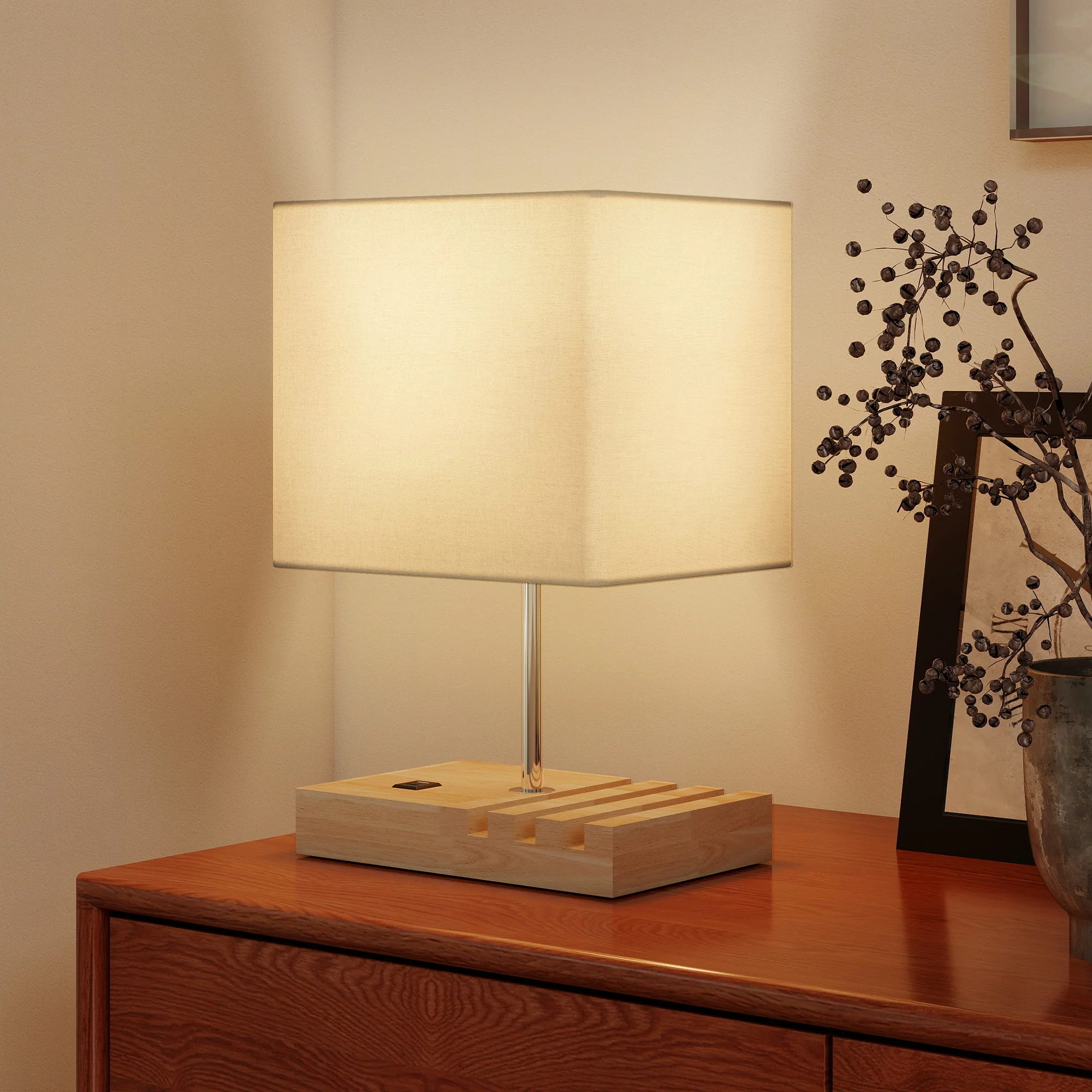 HOMCOM Table Lamp with 3 Slots, Bedside Lamp with Solid Wood Base, White - Image 7