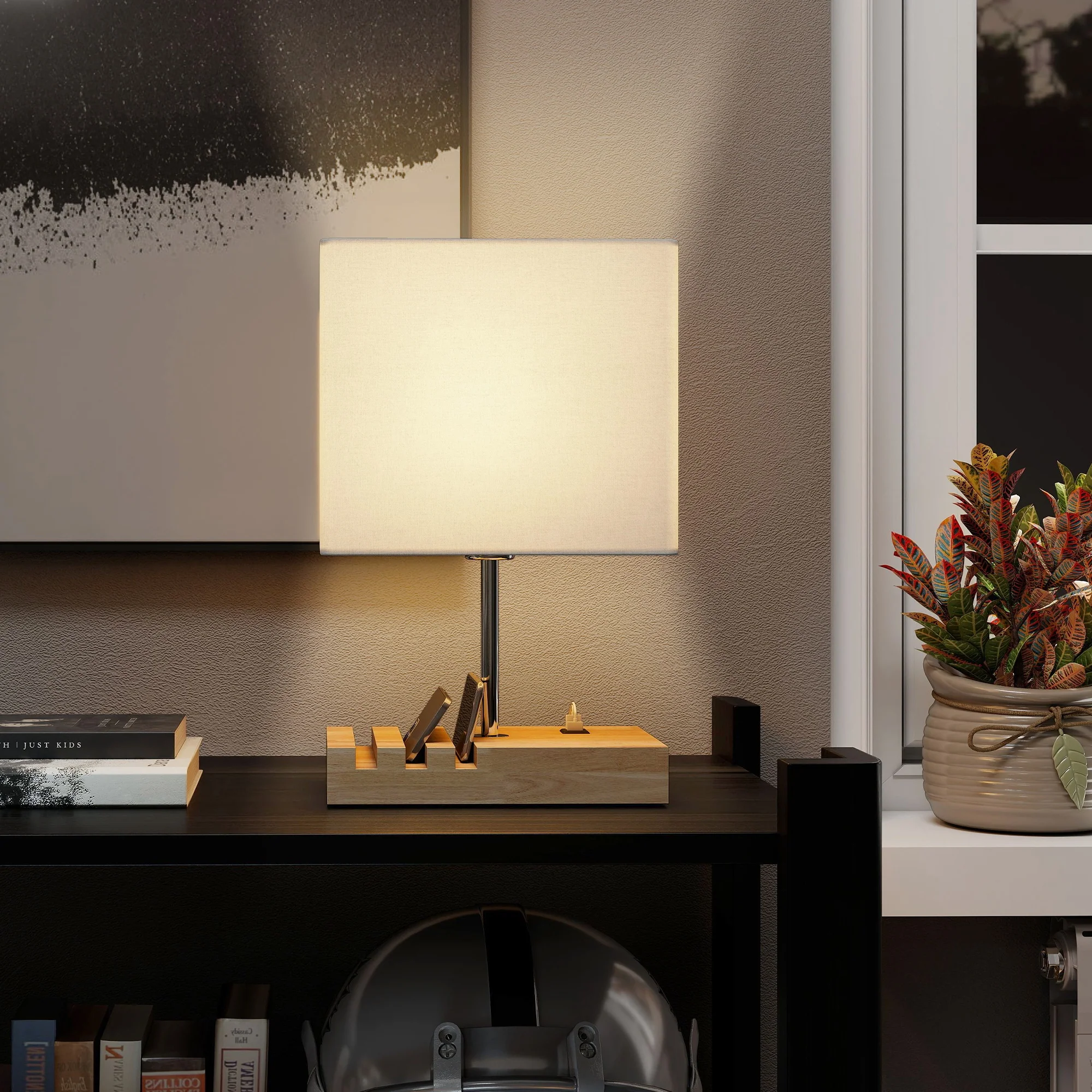 HOMCOM Table Lamp with 3 Slots, Bedside Lamp with Solid Wood Base, White - Image 8