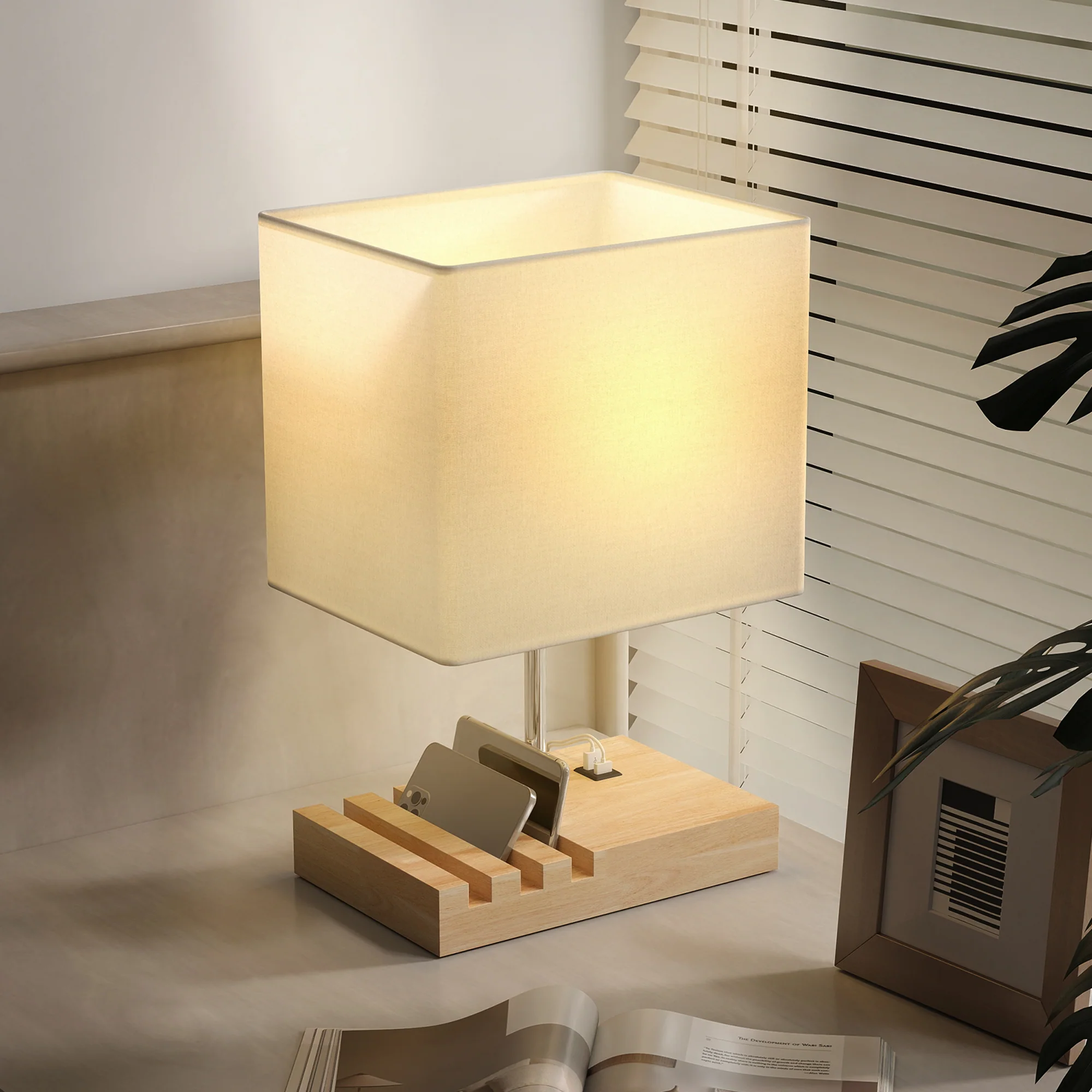 HOMCOM Table Lamp with 3 Slots, Bedside Lamp with Solid Wood Base, White - Image 9