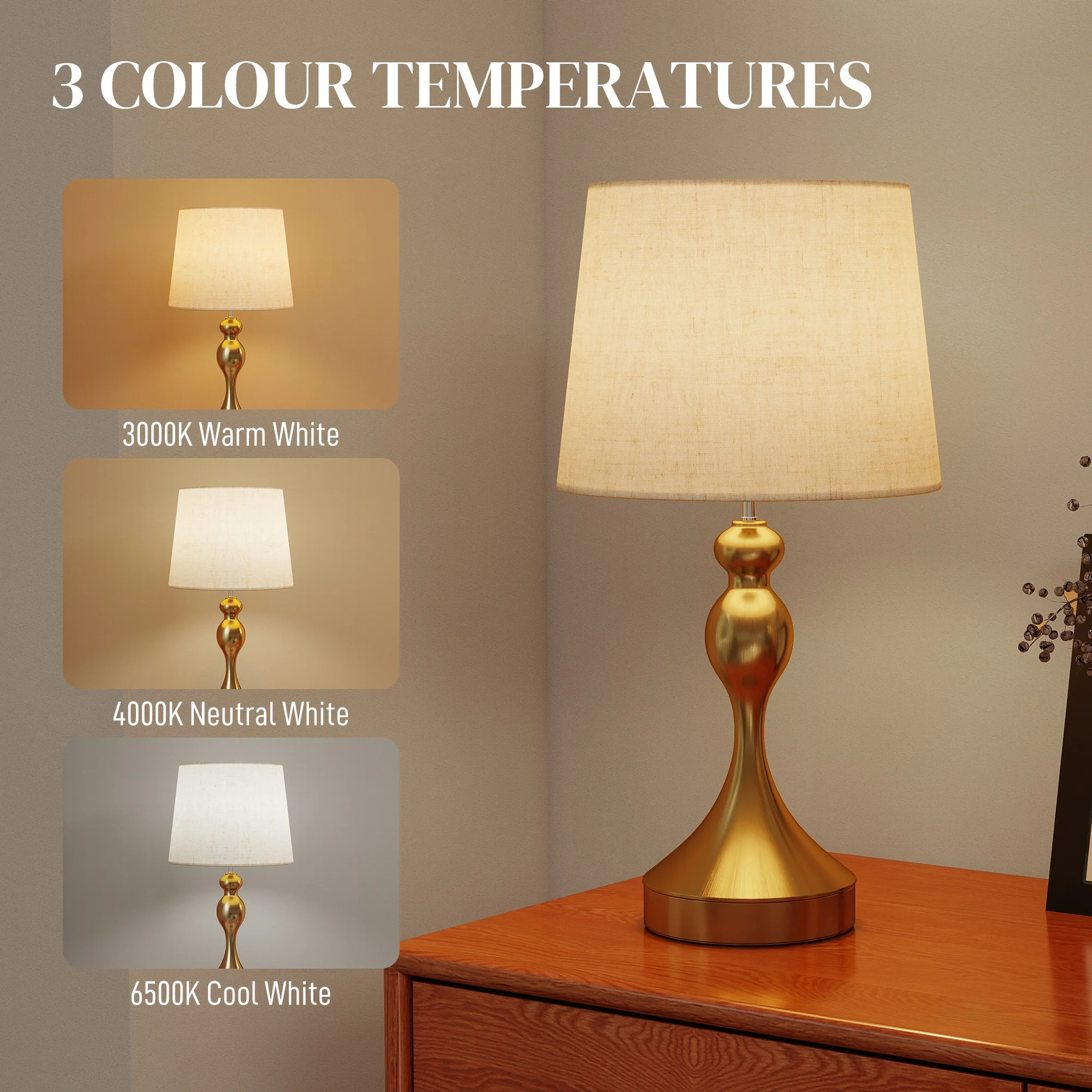 HOMCOM Table Lamps Set Of 2, Modern Bedside Lamps With USB Ports, Gold Tone - Image 2