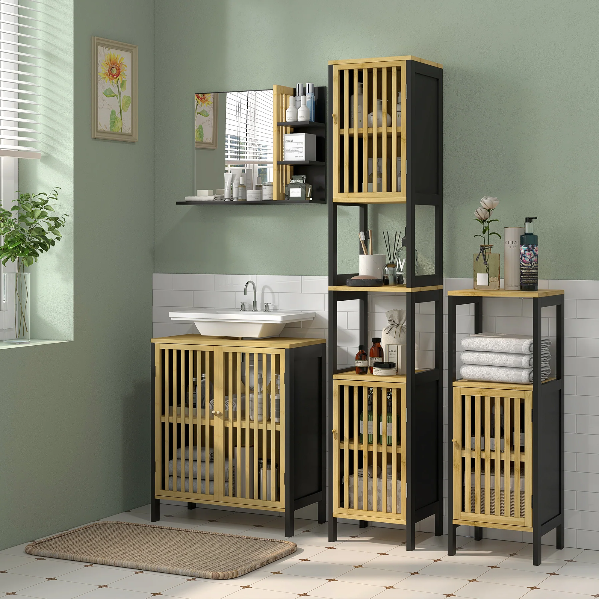 HOMCOM Tall Bathroom Cabinet Bamboo Bathroom Cupboard With Adjustable Shelves - Image 2