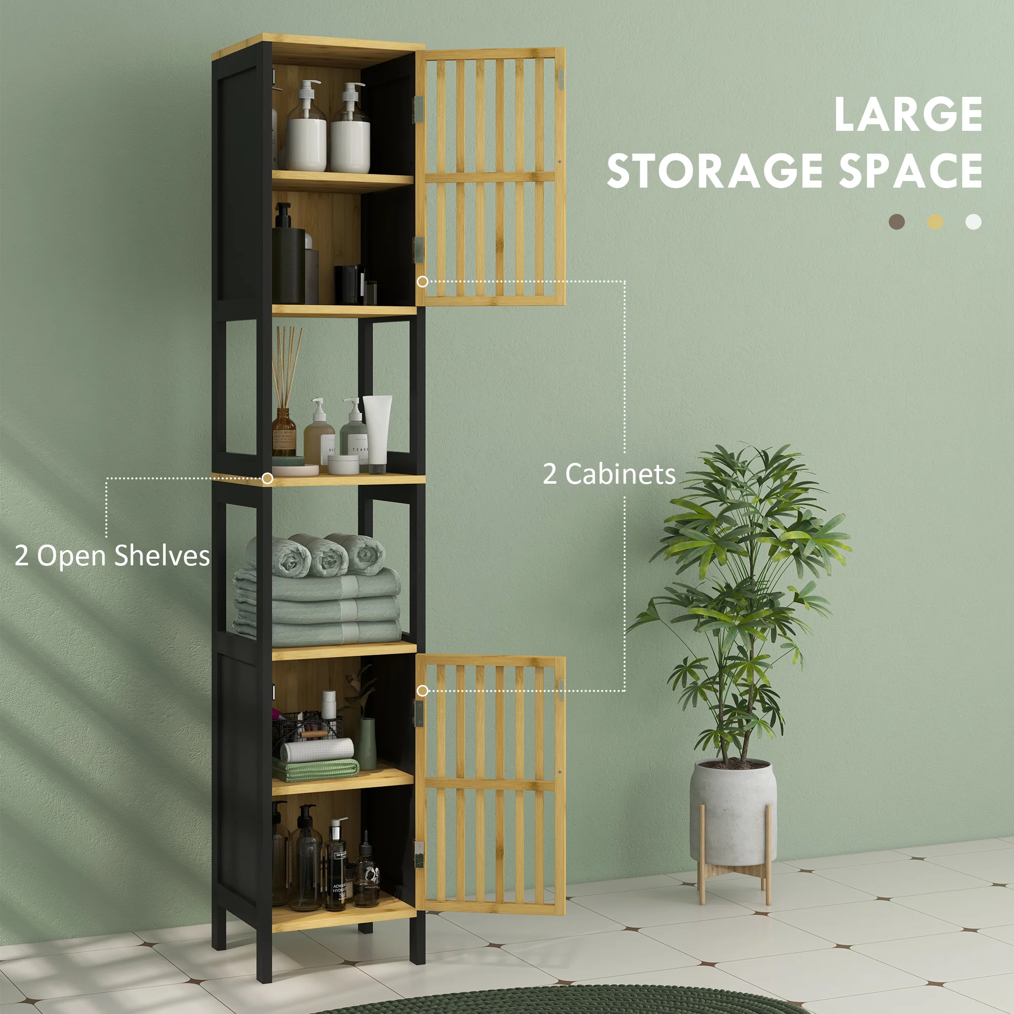 HOMCOM Tall Bathroom Cabinet Bamboo Bathroom Cupboard With Adjustable Shelves - Image 3