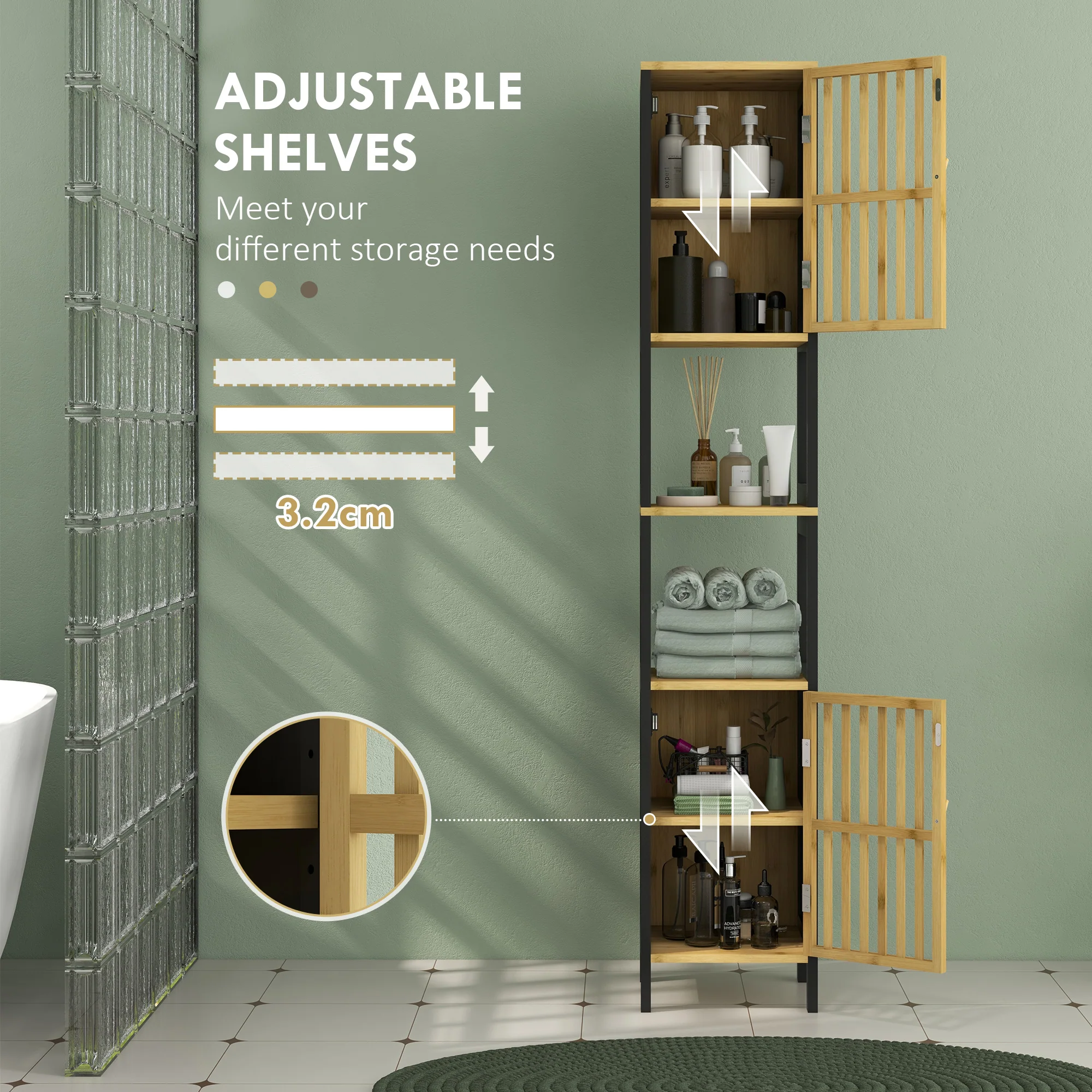 HOMCOM Tall Bathroom Cabinet Bamboo Bathroom Cupboard With Adjustable Shelves - Image 6