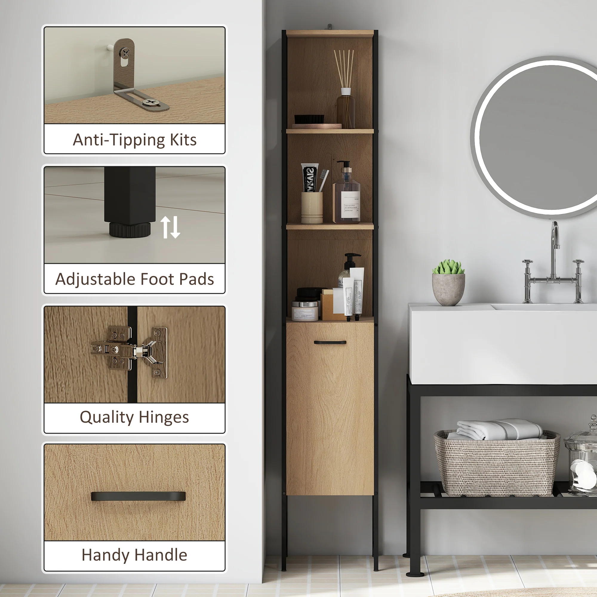 HOMCOM Tall Bathroom Cabinet with 3 Open Shelves Adjustable Shelf - Image 15
