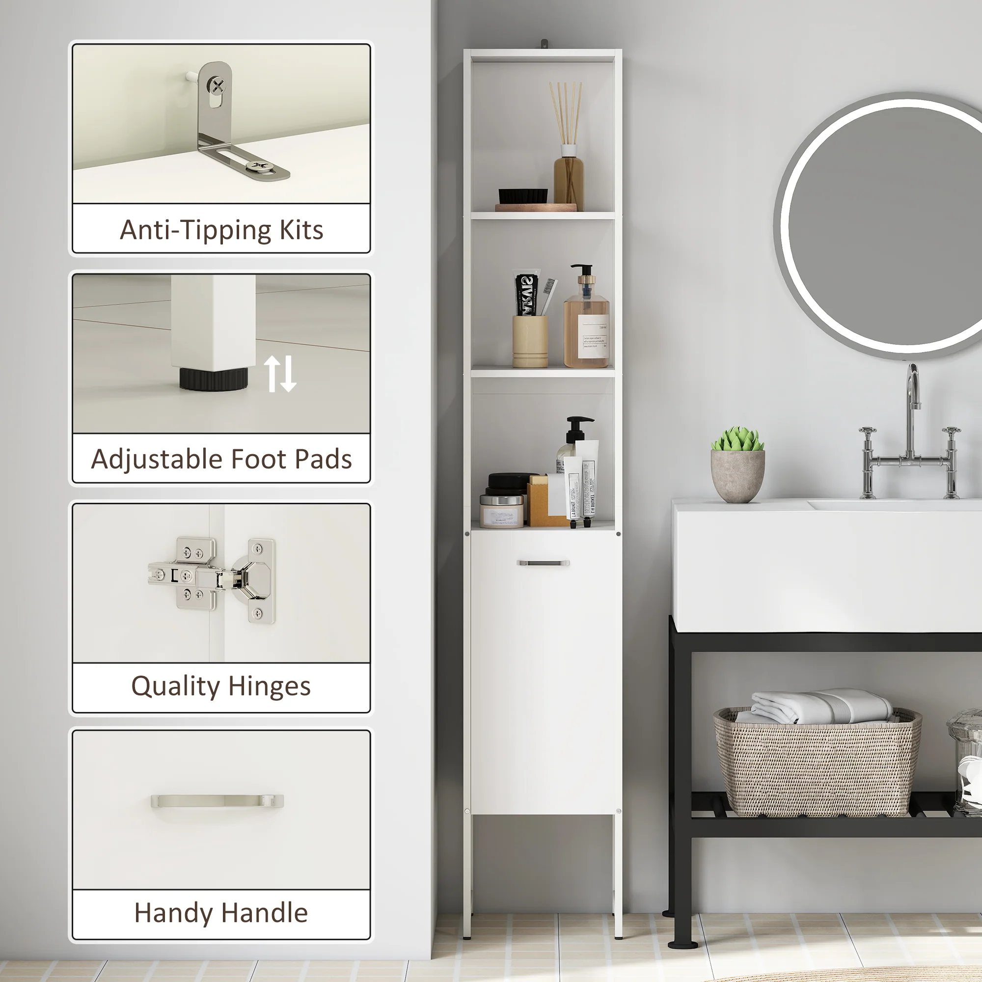 HOMCOM Tall Bathroom Cabinet with 3 Open Shelves Adjustable Shelf - Image 6