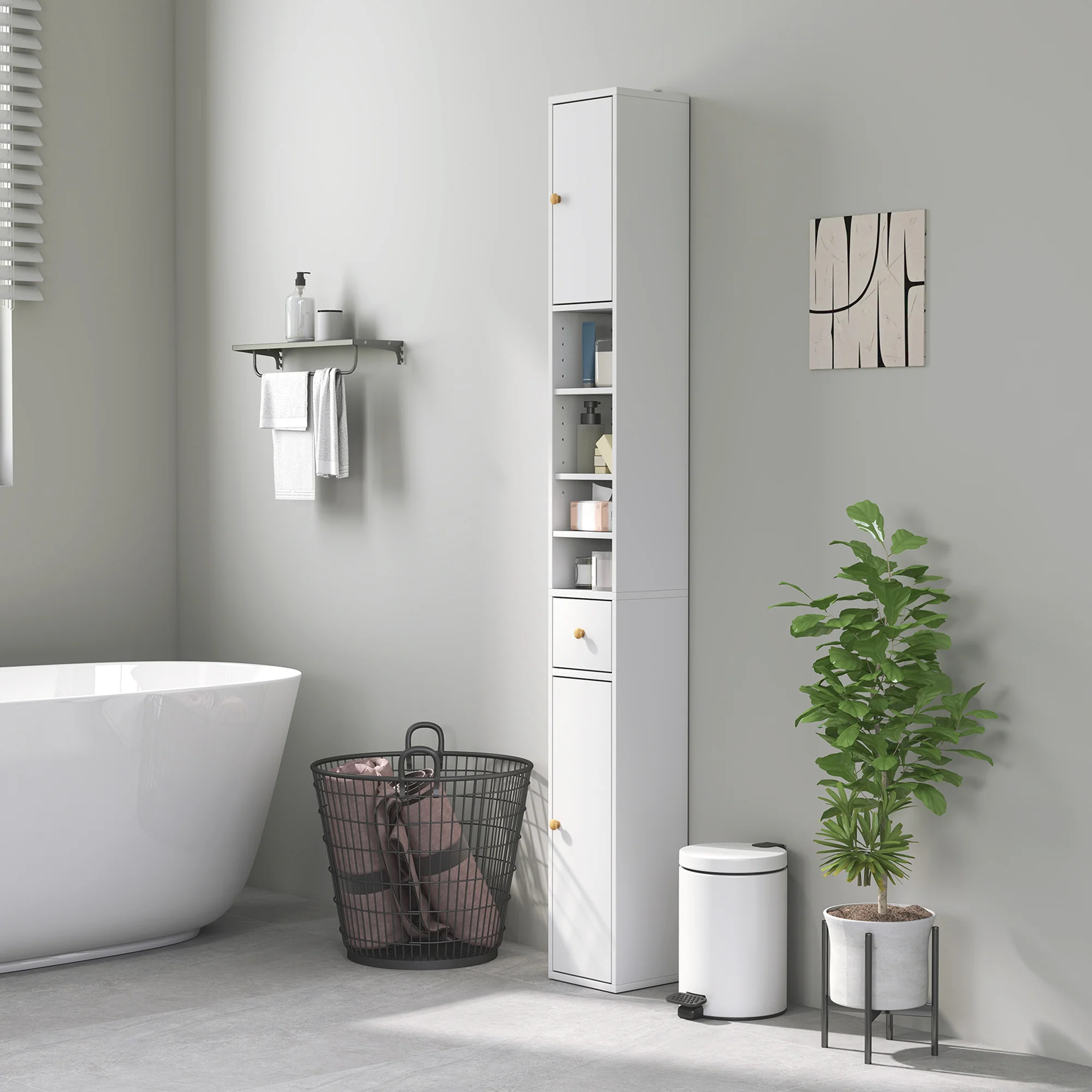 HOMCOM Tall Bathroom Cabinet with Drawer and Adjustable Shelves, White - Image 2