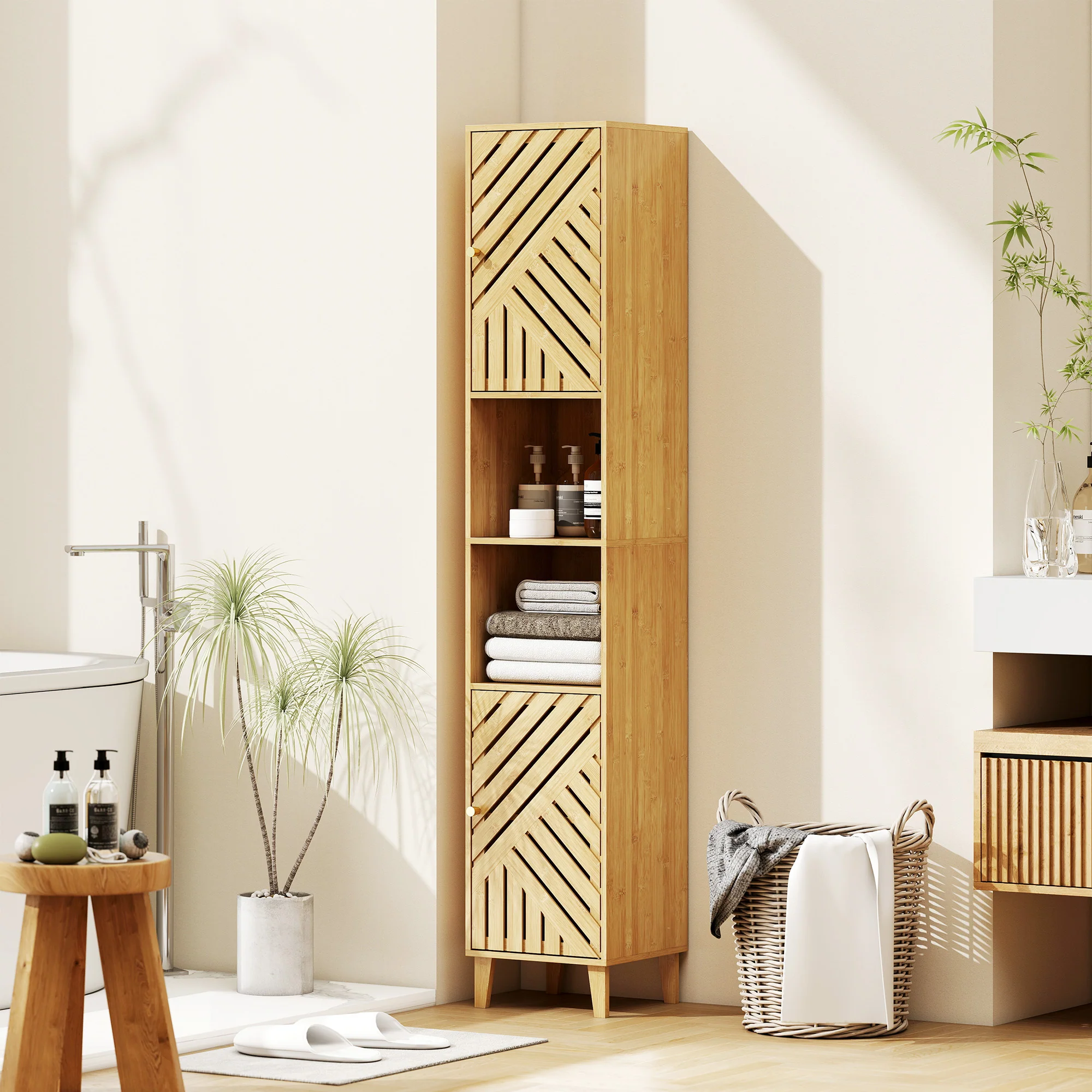 HOMCOM Tall Bathroom Cabinet With Open Compartments And Adjustable Shelves - Image 2