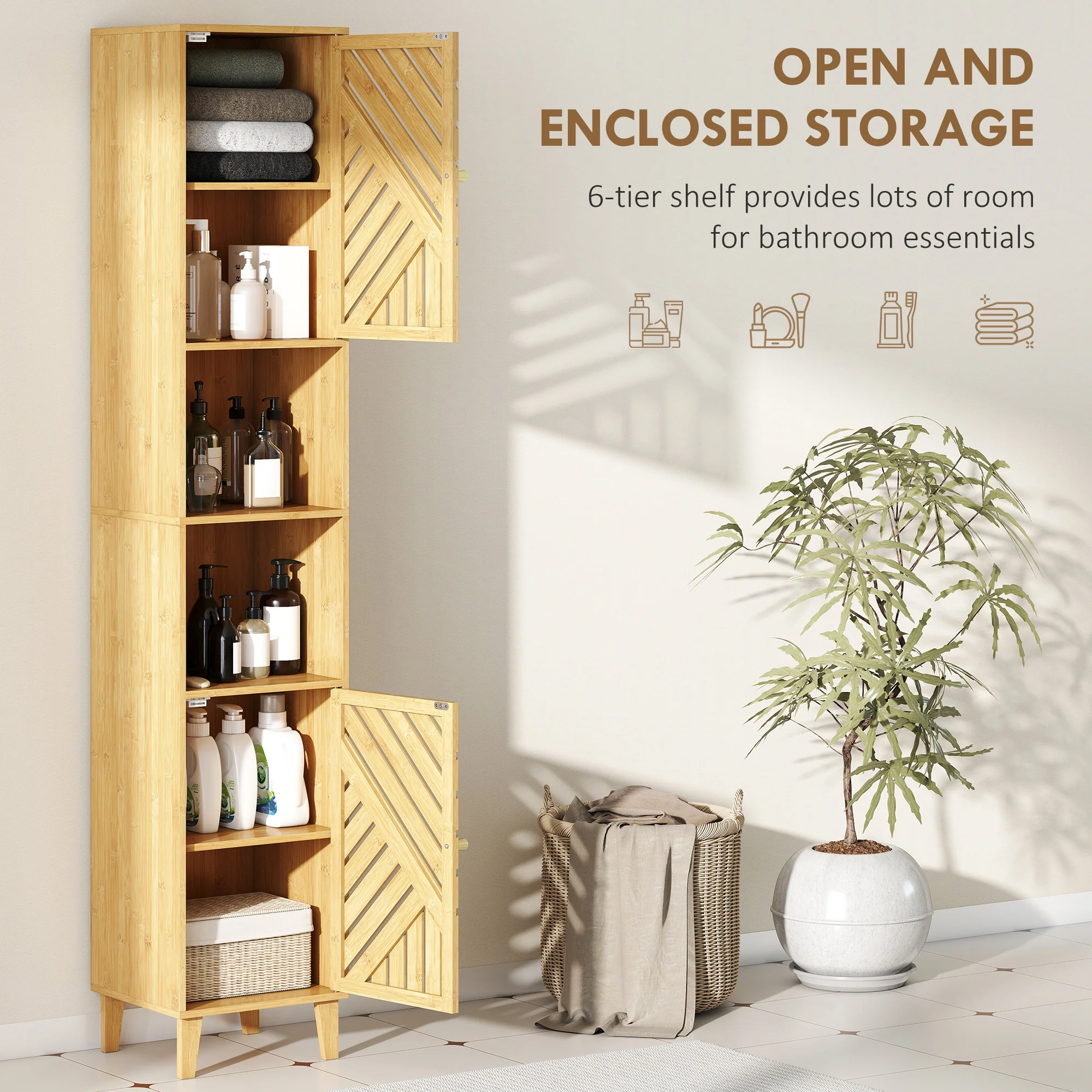 HOMCOM Tall Bathroom Cabinet With Open Compartments And Adjustable Shelves - Image 3