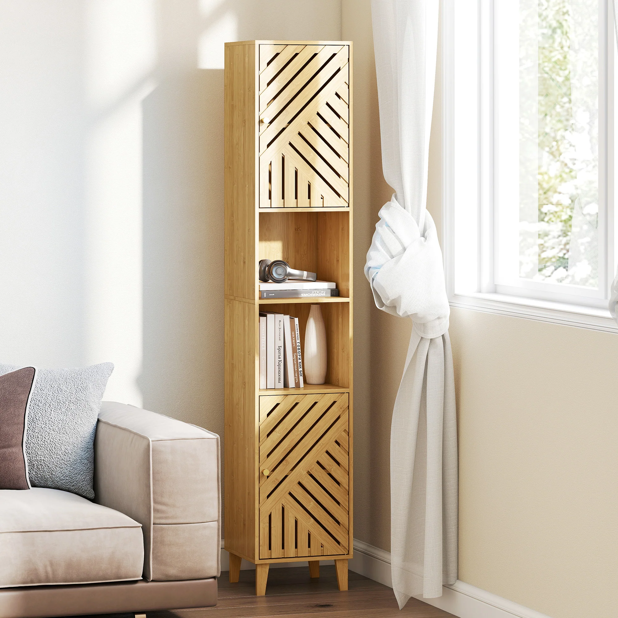 HOMCOM Tall Bathroom Cabinet With Open Compartments And Adjustable Shelves - Image 9
