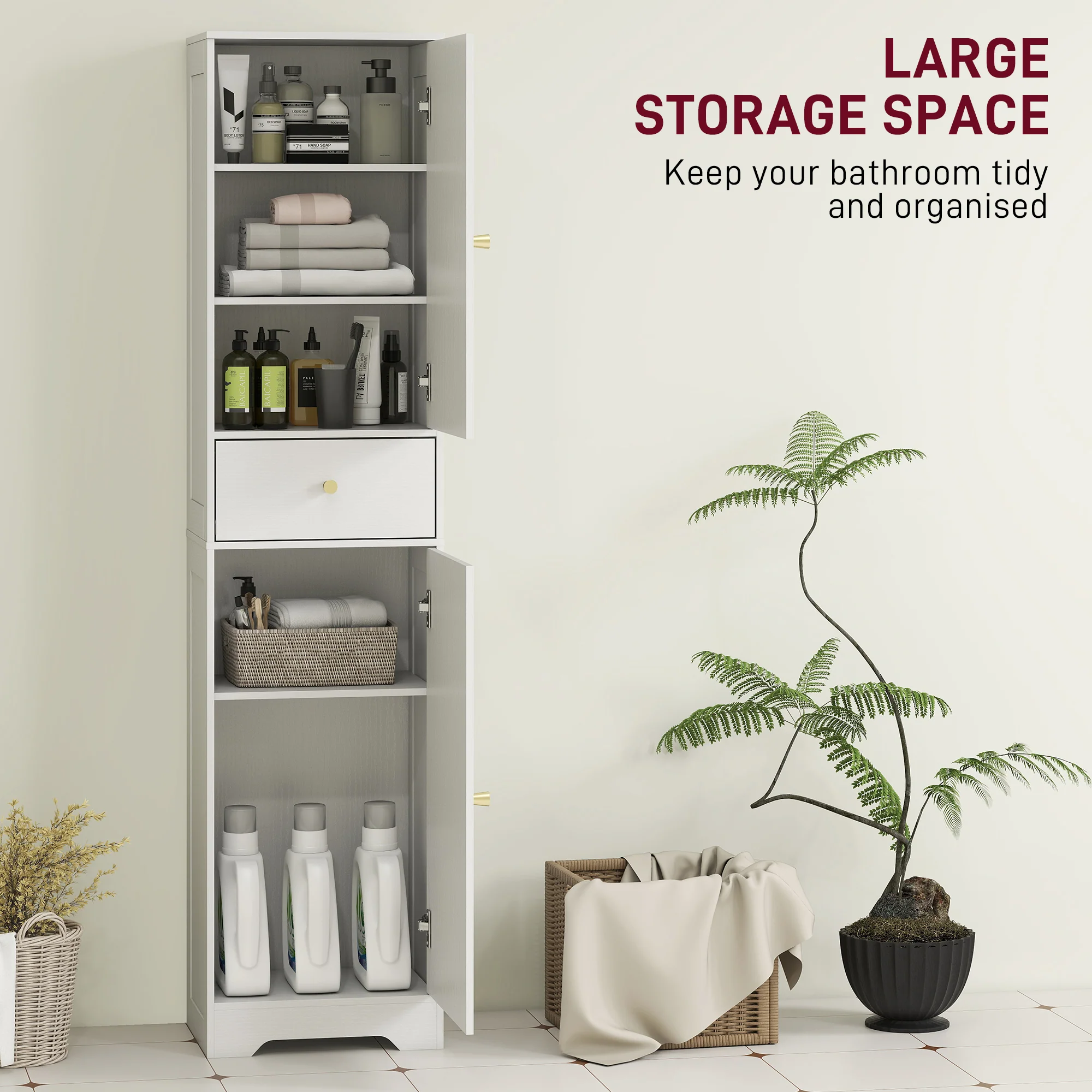 HOMCOM Tall Bathroom Storage Cabinet With Arch Doors Adjustable Shelf White - Image 3