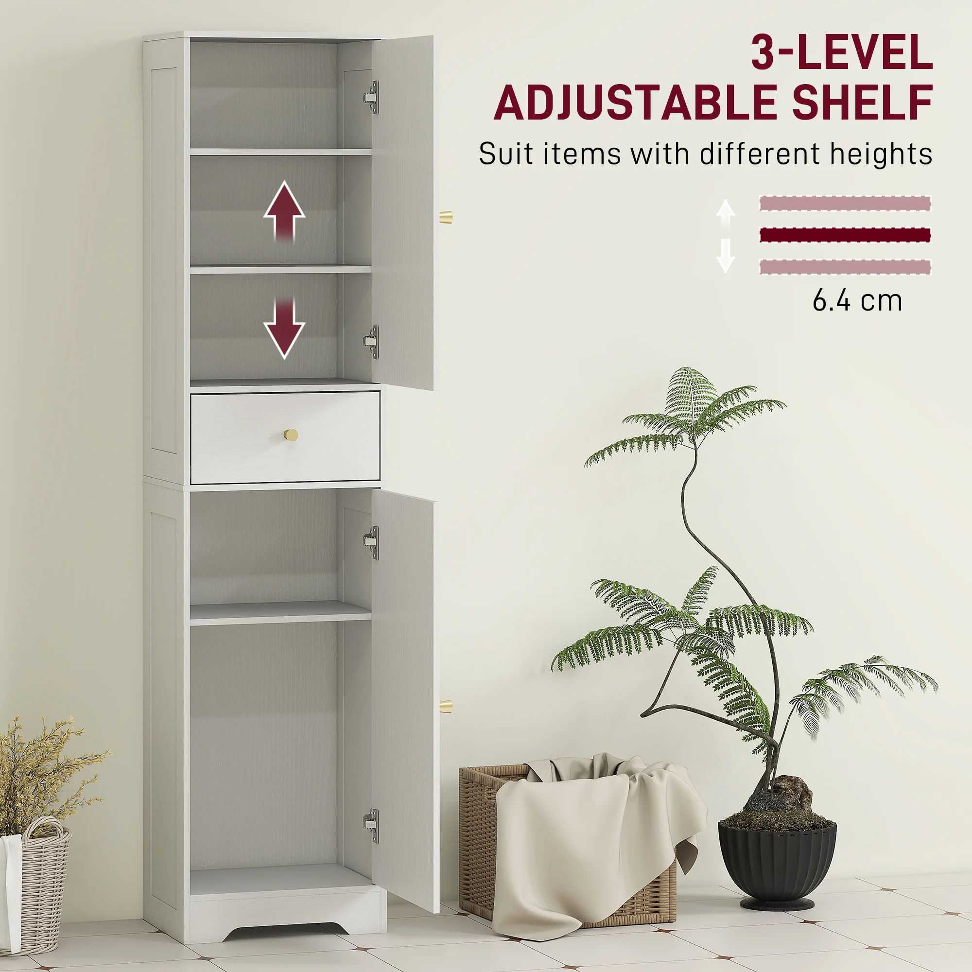 HOMCOM Tall Bathroom Storage Cabinet With Arch Doors Adjustable Shelf White - Image 4