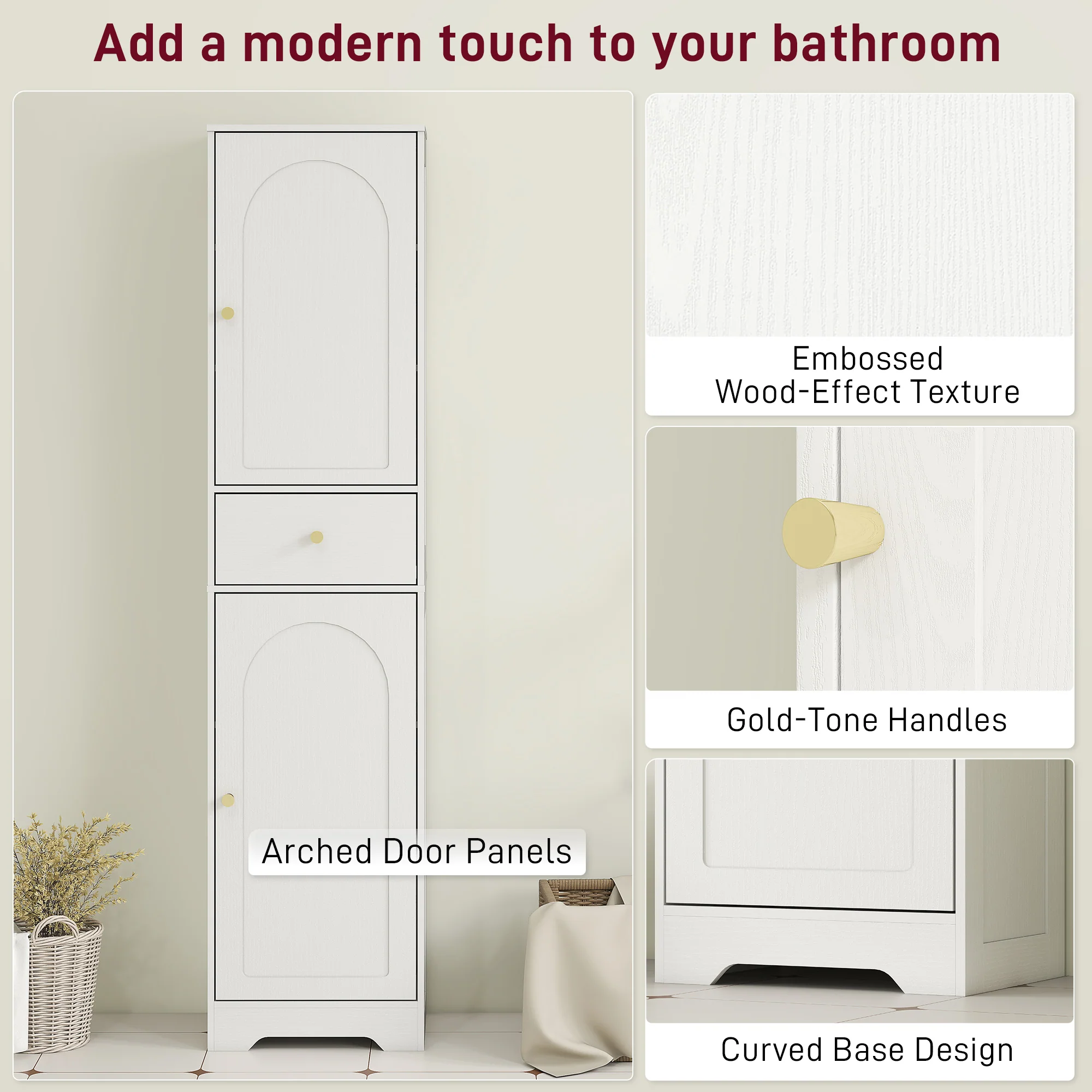 HOMCOM Tall Bathroom Storage Cabinet With Arch Doors Adjustable Shelf White - Image 6