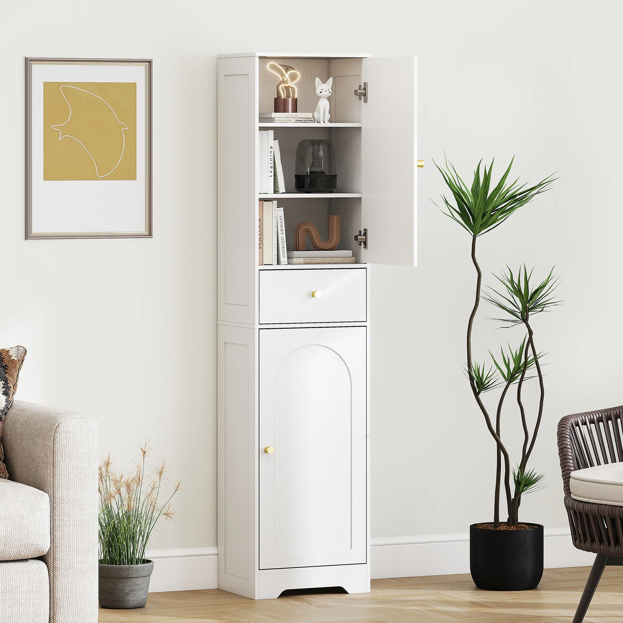 HOMCOM Tall Bathroom Storage Cabinet With Arch Doors Adjustable Shelf White - Image 8