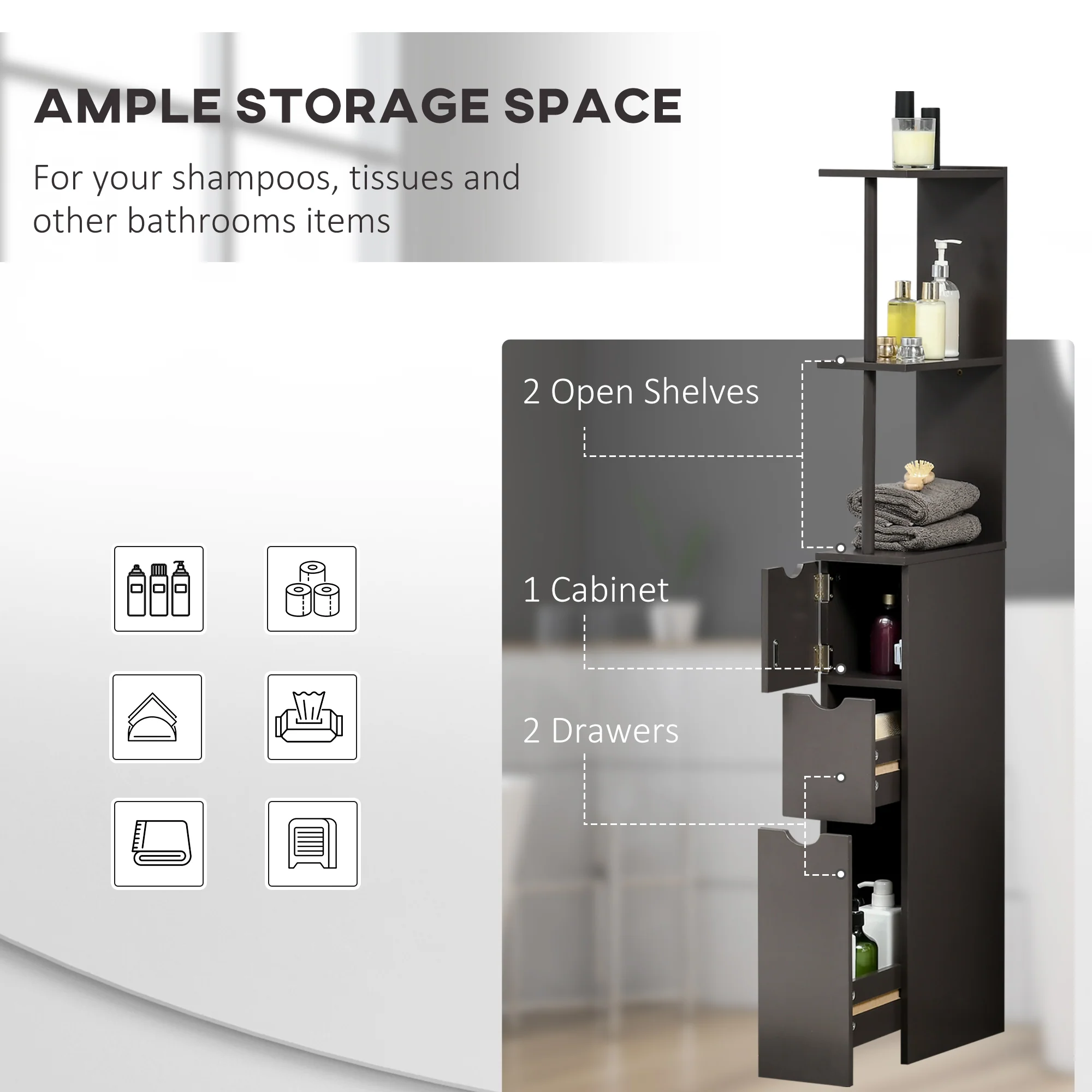 HOMCOM Tall Bathroom Storage Cabinet With Shelf And Drawers, Brown - Image 3