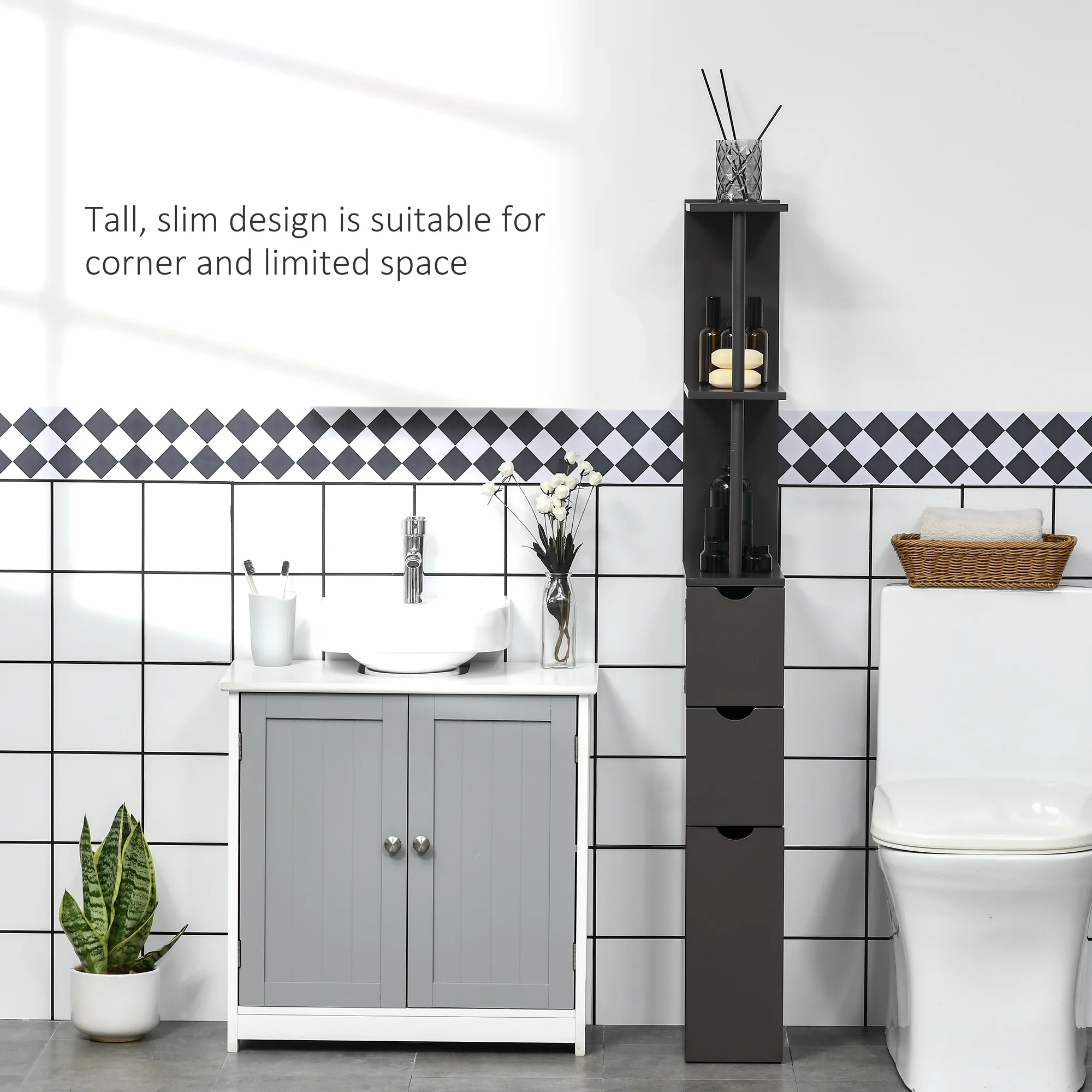 HOMCOM Tall Bathroom Storage Cabinet With Shelf And Drawers, Brown - Image 4