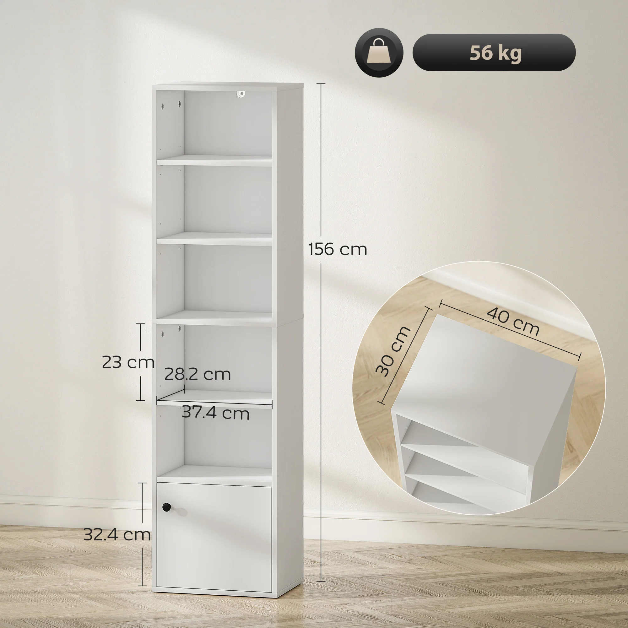 HOMCOM Tall Bookcase, 6-Tier Bookshelf with 3 Adjustable Shelves, White - Image 5