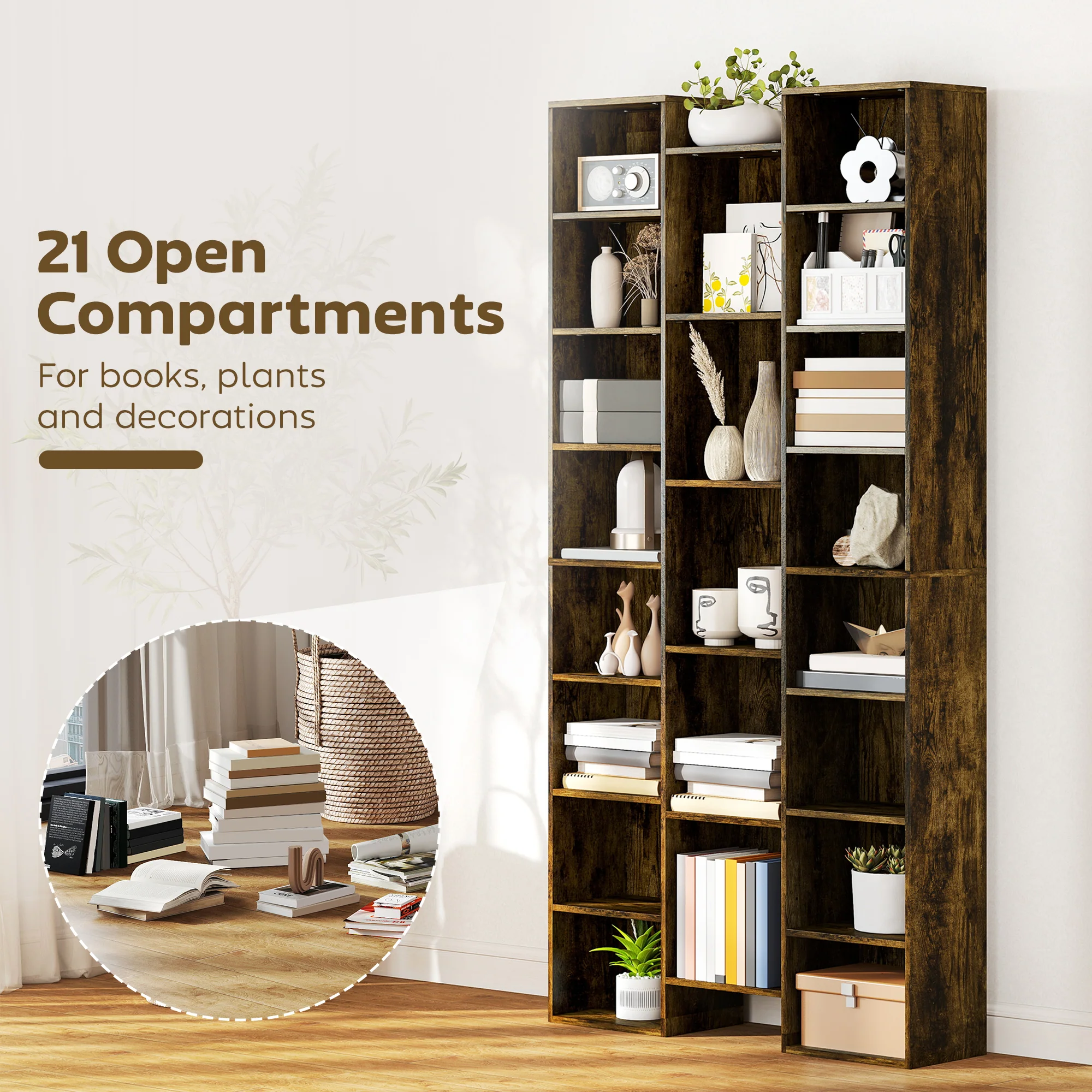 HOMCOM Tall Bookshelf with 21 Compartments and 10 Adjustable Shelves, Brown - Image 3