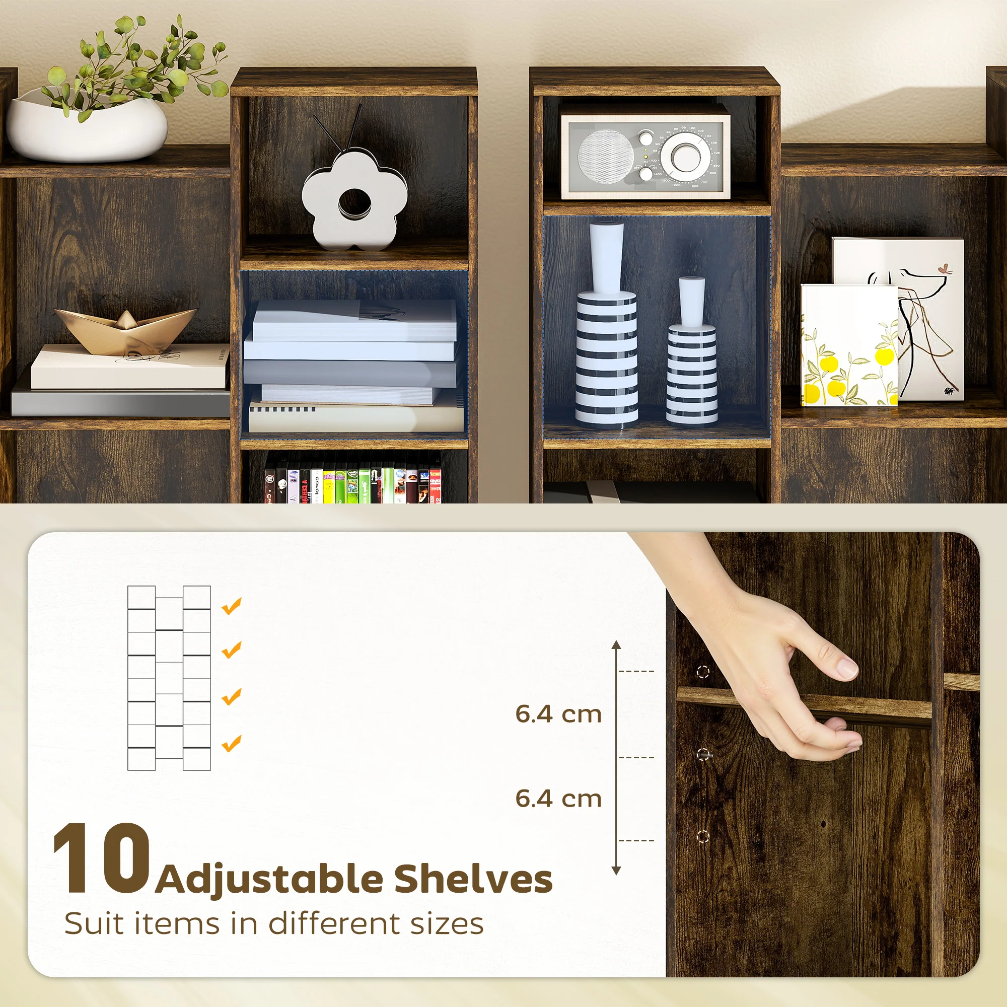 HOMCOM Tall Bookshelf with 21 Compartments and 10 Adjustable Shelves, Brown - Image 4