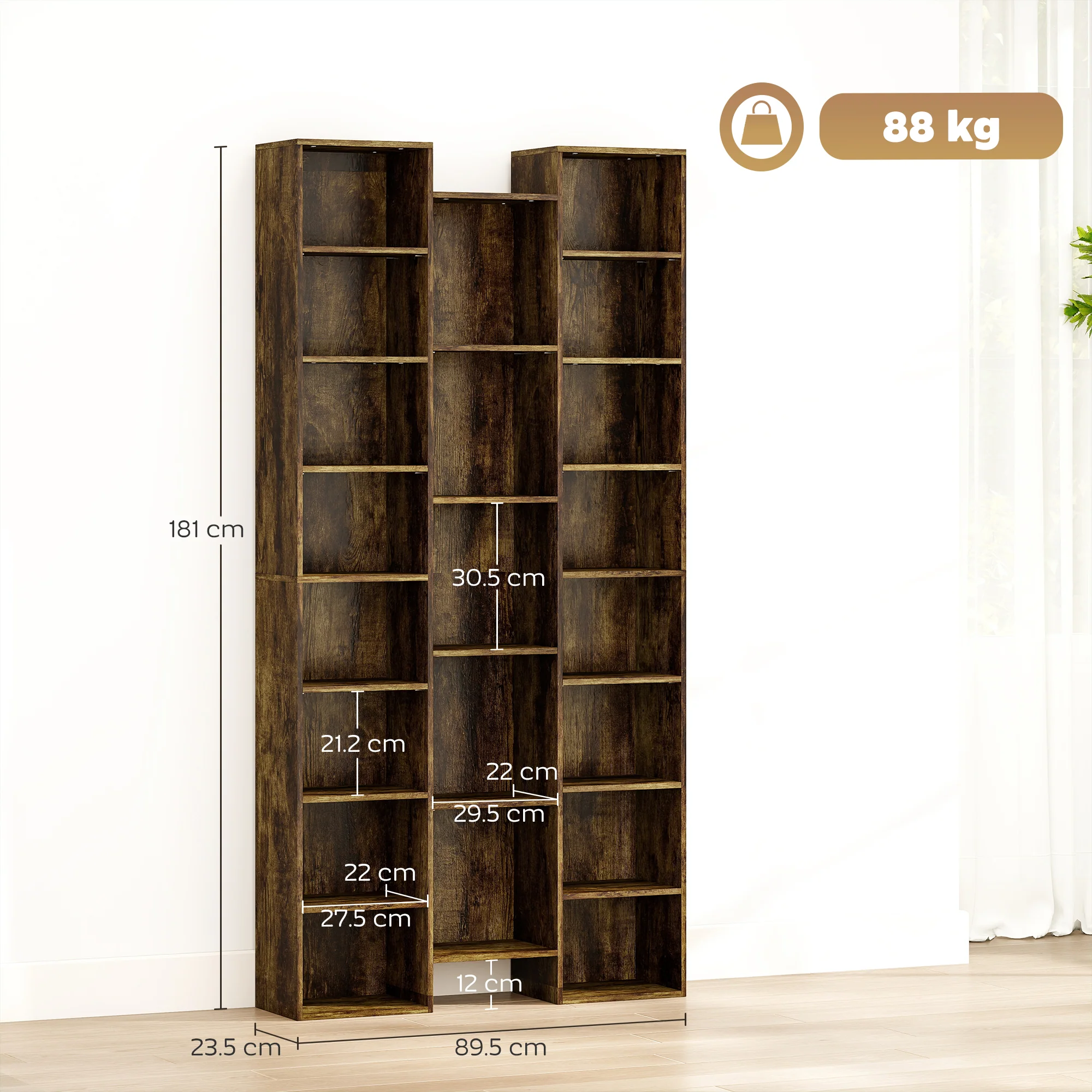 HOMCOM Tall Bookshelf with 21 Compartments and 10 Adjustable Shelves, Brown - Image 5