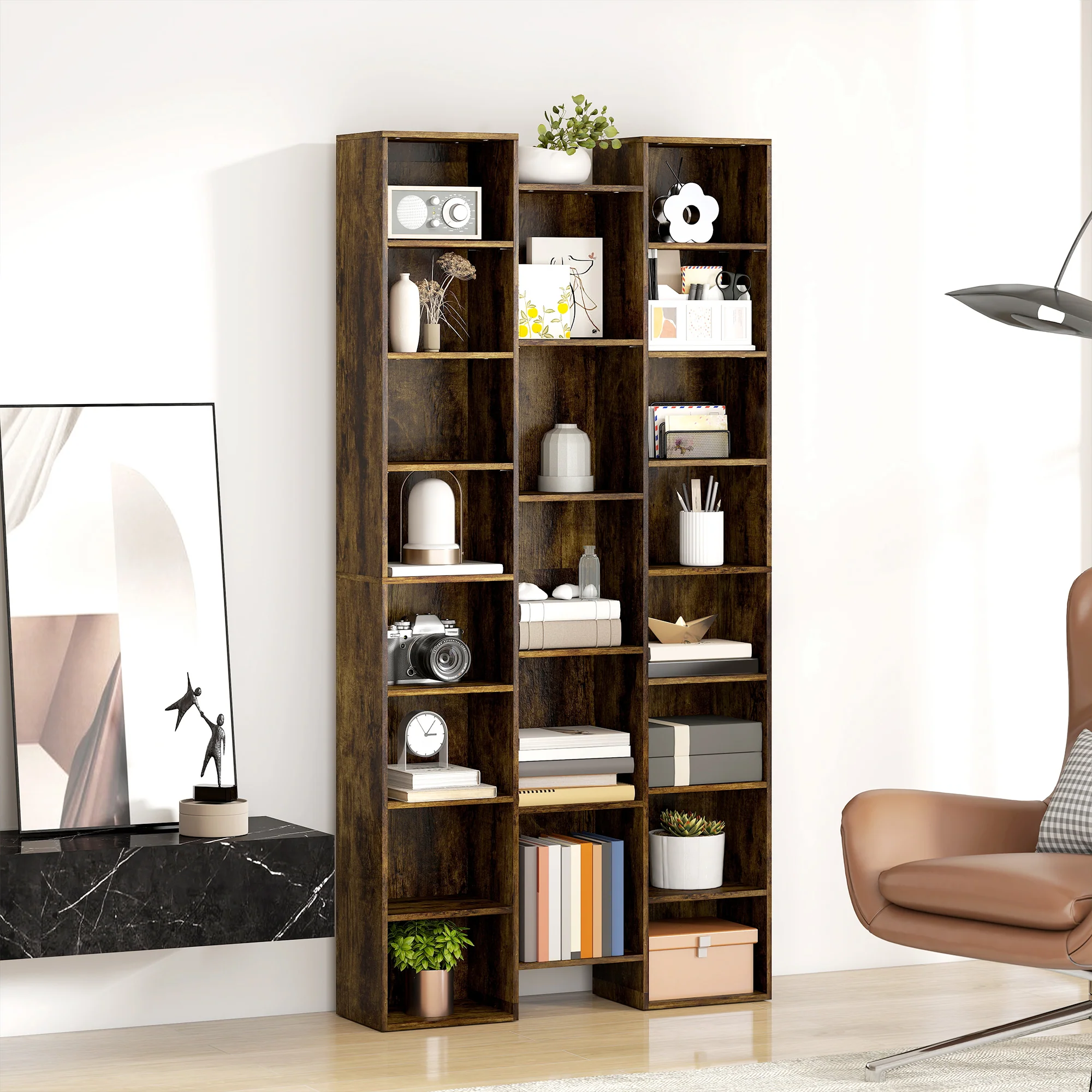 HOMCOM Tall Bookshelf with 21 Compartments and 10 Adjustable Shelves, Brown - Image 8