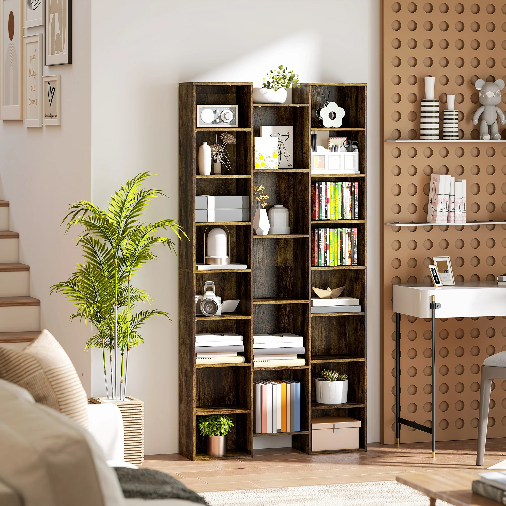 HOMCOM Tall Bookshelf with 21 Compartments and 10 Adjustable Shelves, Brown - Image 9