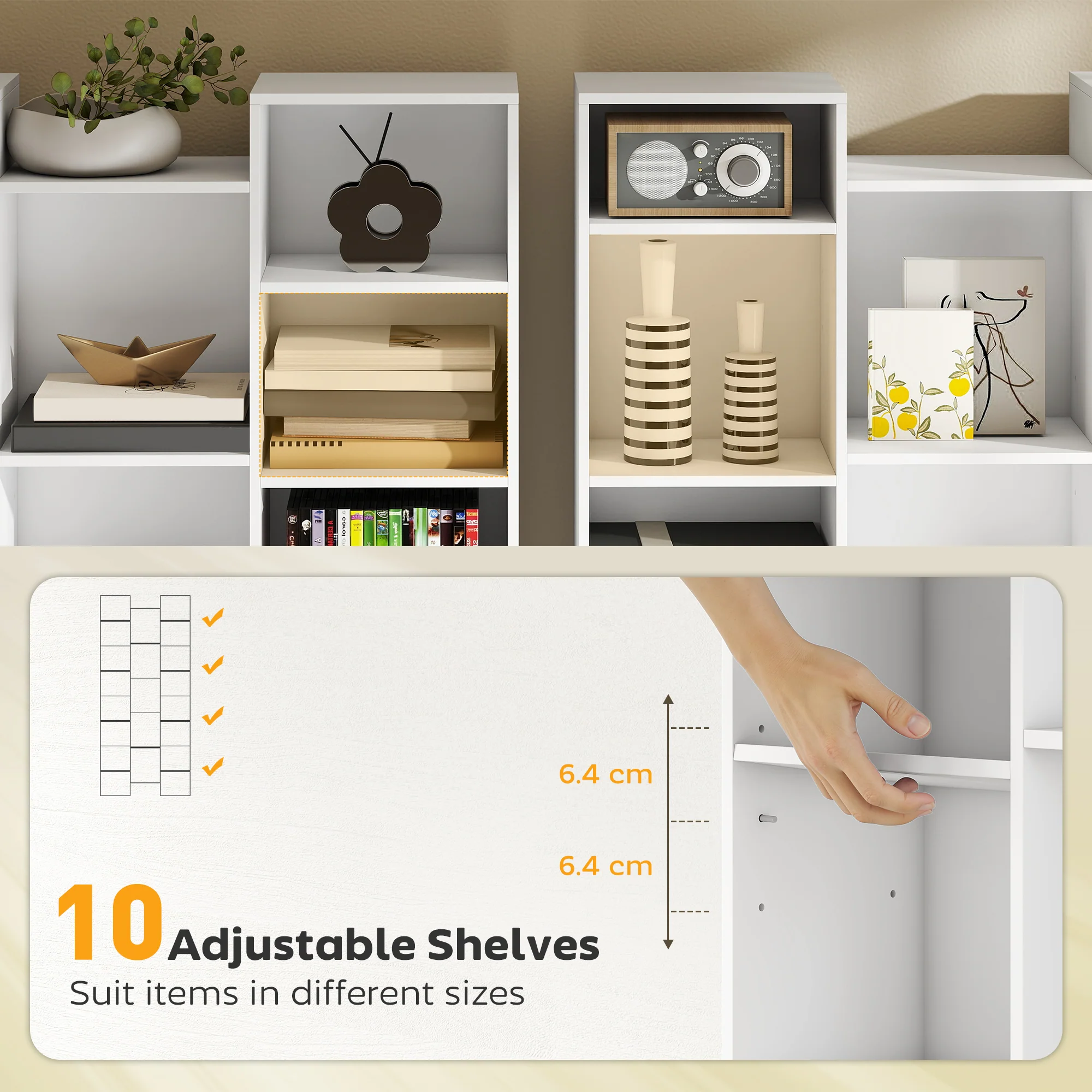 HOMCOM Tall Bookshelf with 21 Compartments and 10 Adjustable Shelves, White - Image 4