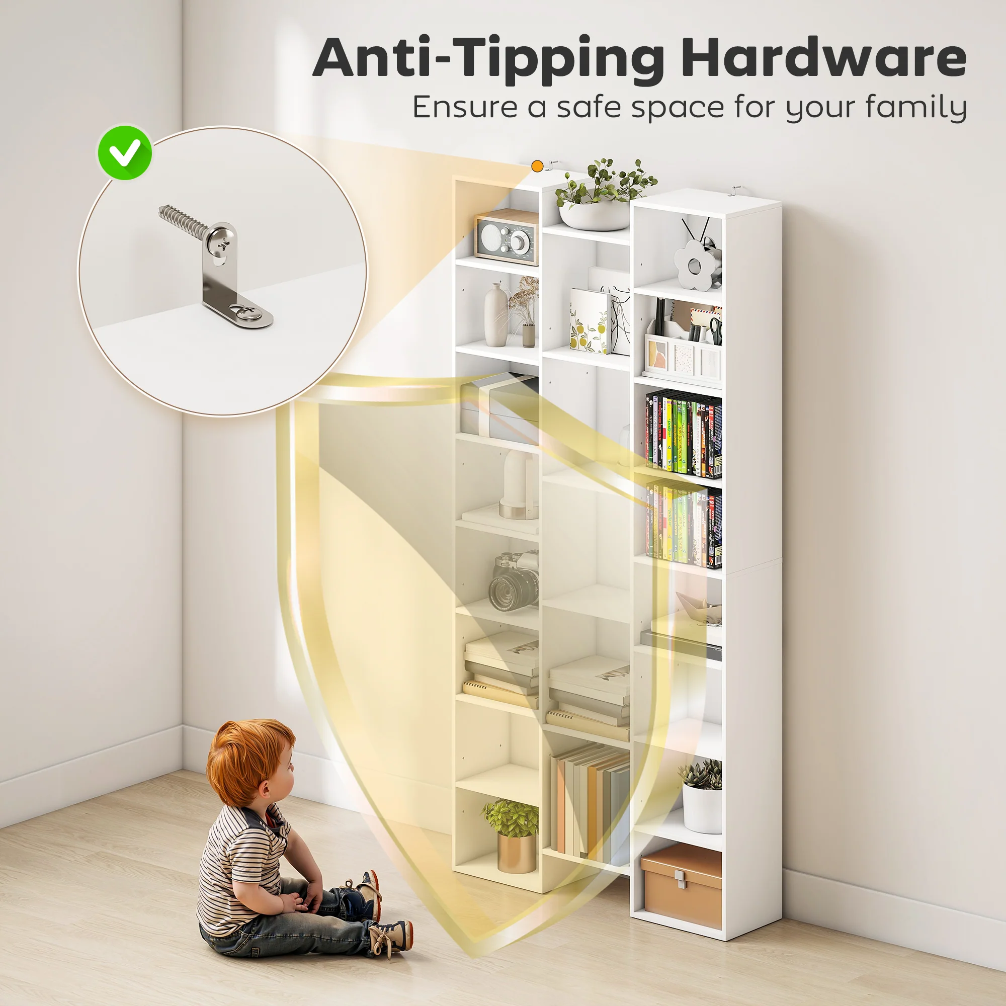 HOMCOM Tall Bookshelf with 21 Compartments and 10 Adjustable Shelves, White - Image 6