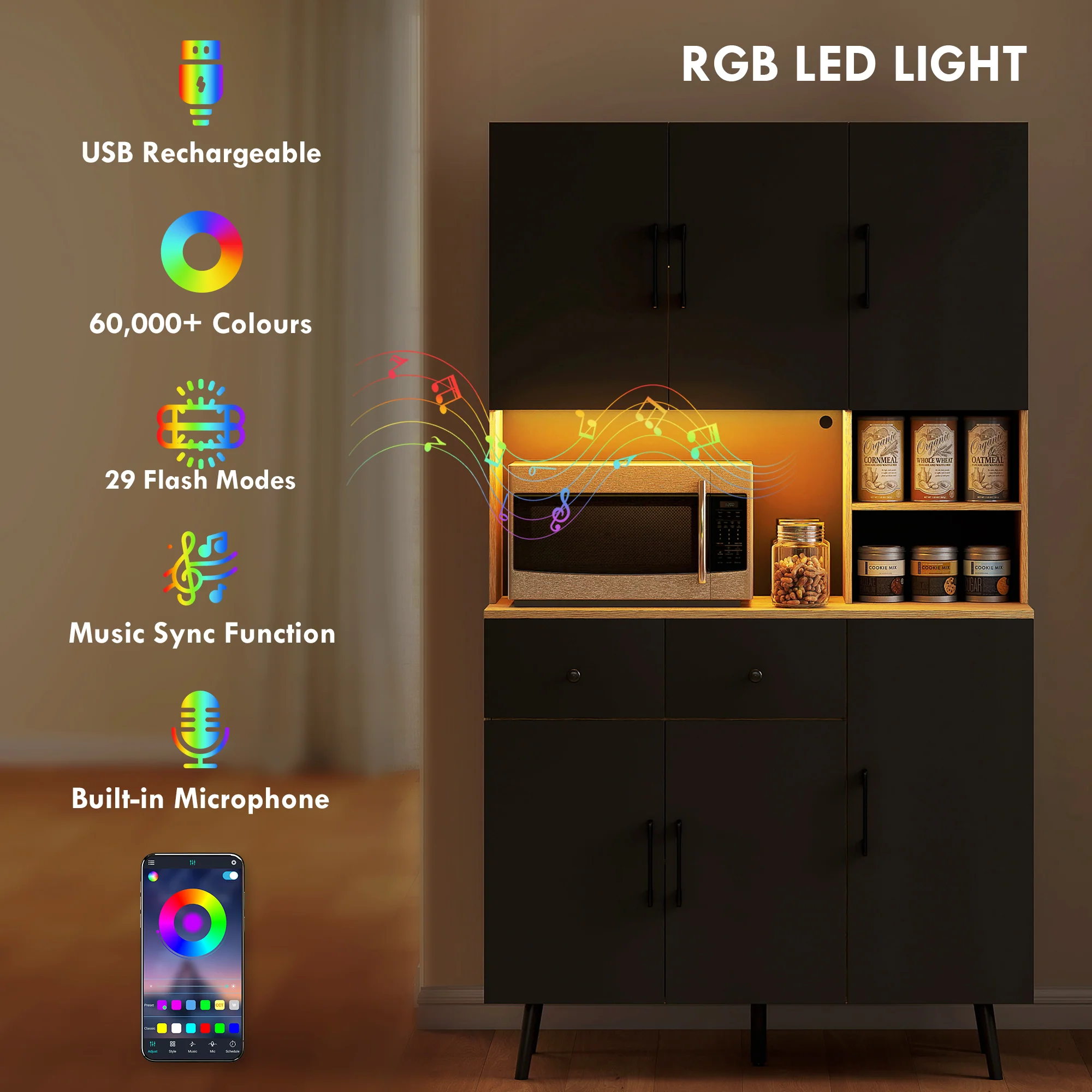 HOMCOM Tall Kitchen Cupboard With LED Lights And Adjustable Shelves, Oak And Black - Image 3