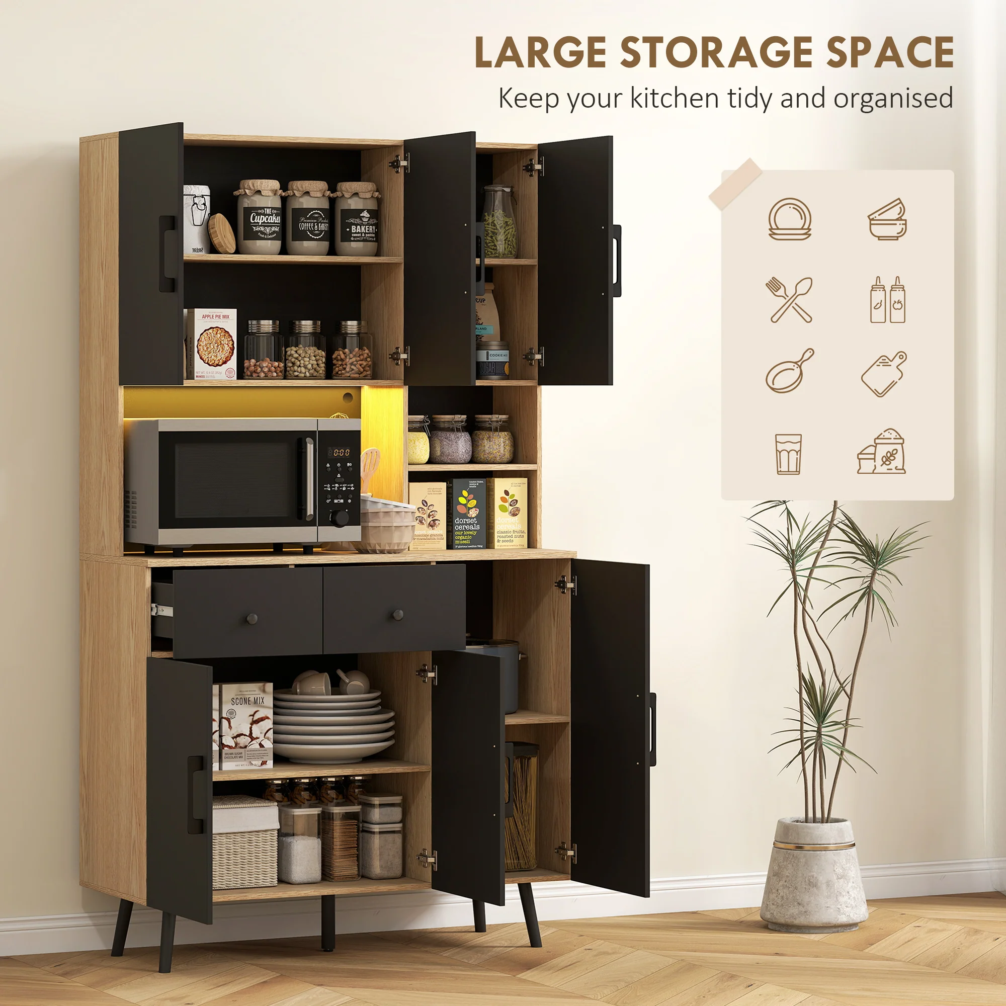 HOMCOM Tall Kitchen Cupboard With LED Lights And Adjustable Shelves, Oak And Black - Image 4