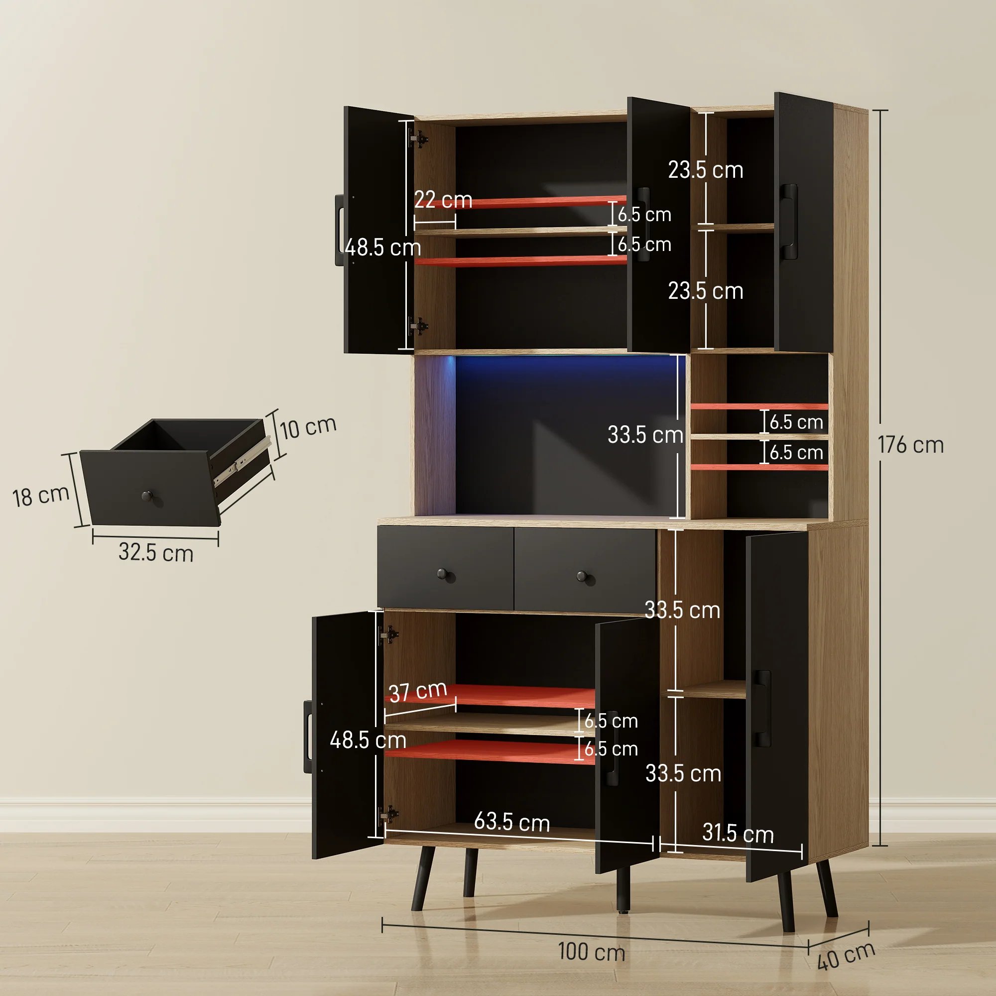 HOMCOM Tall Kitchen Cupboard With LED Lights And Adjustable Shelves, Oak And Black - Image 5
