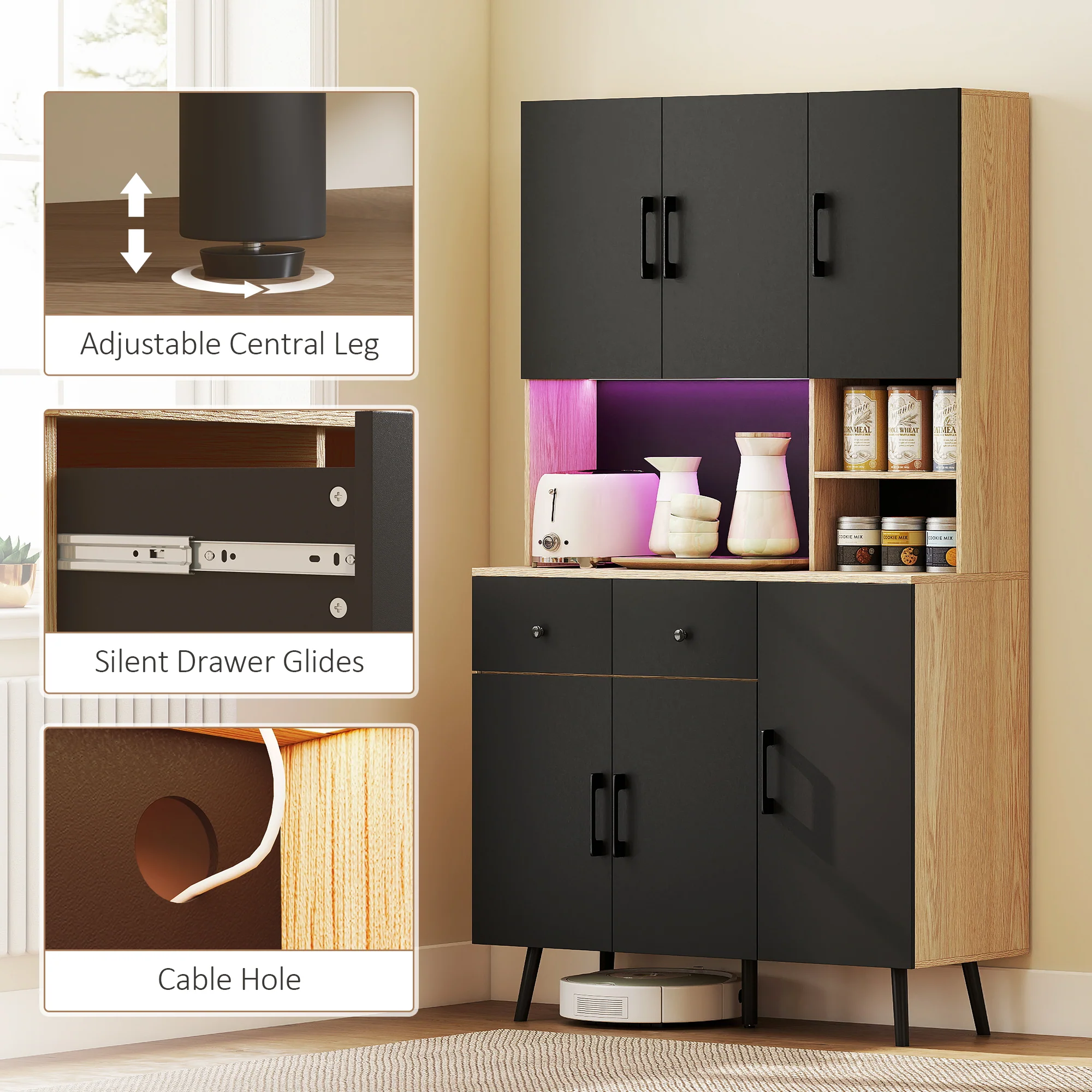 HOMCOM Tall Kitchen Cupboard With LED Lights And Adjustable Shelves, Oak And Black - Image 8