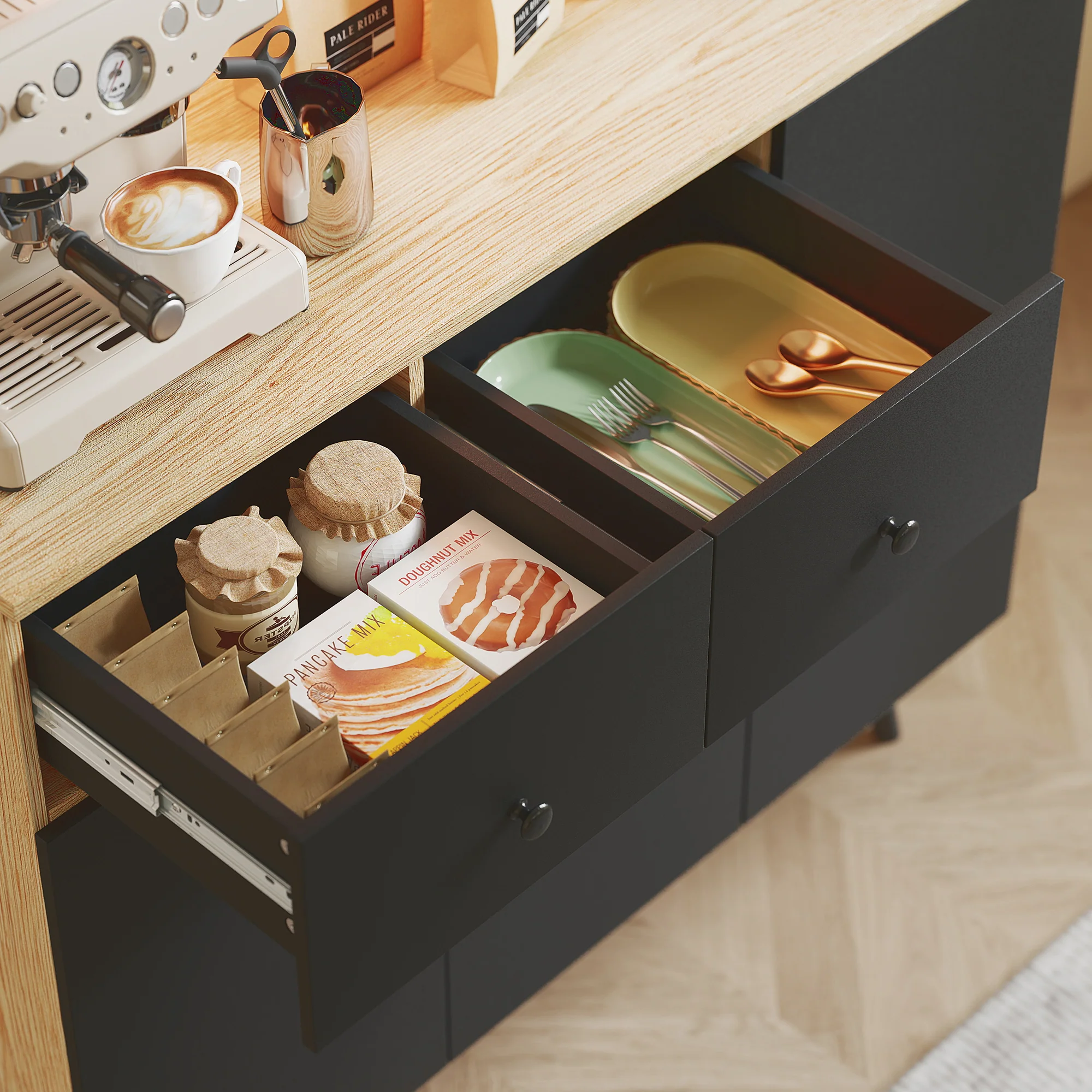 HOMCOM Tall Kitchen Cupboard With LED Lights And Adjustable Shelves, Oak And Black - Image 9
