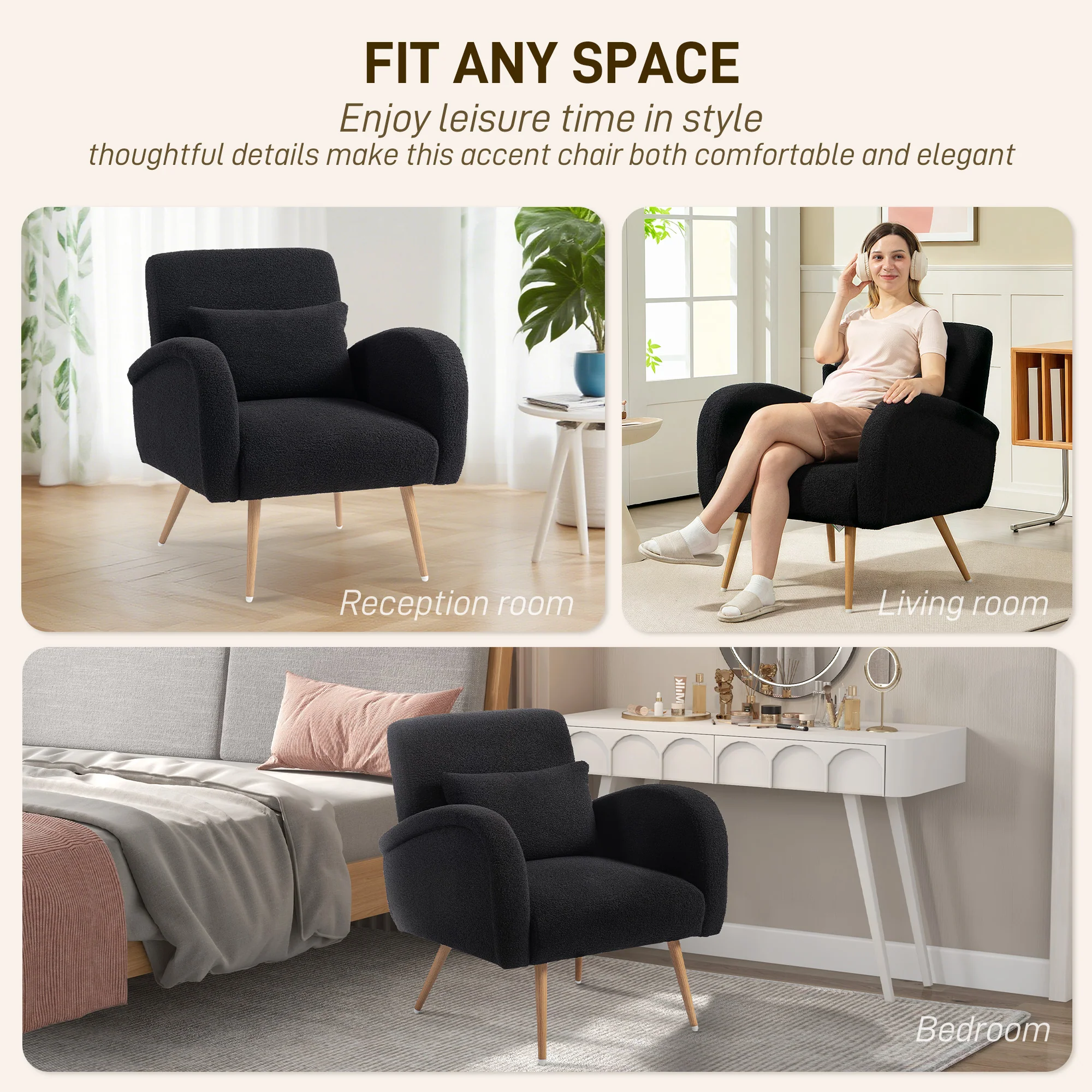 HOMCOM Teddy Fleece Upholstered Accent Chair with Metal Legs, Black - Image 8