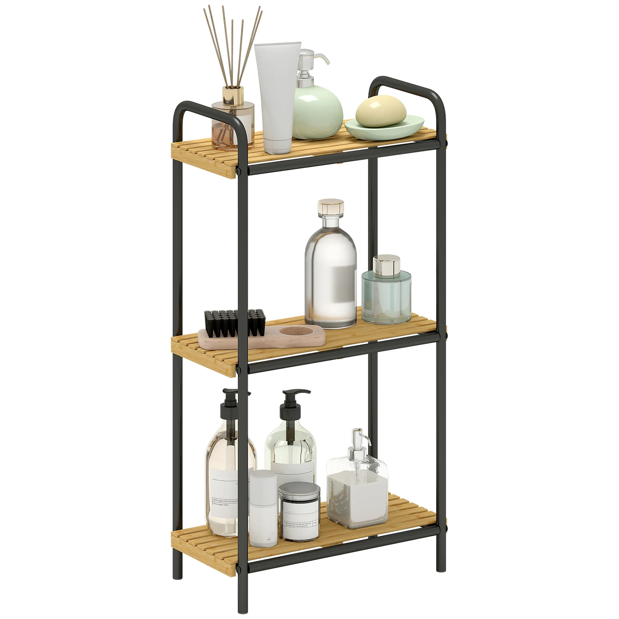 HOMCOM Tier Bamboo Bathroom Shelf, Freestanding Shelving Unit