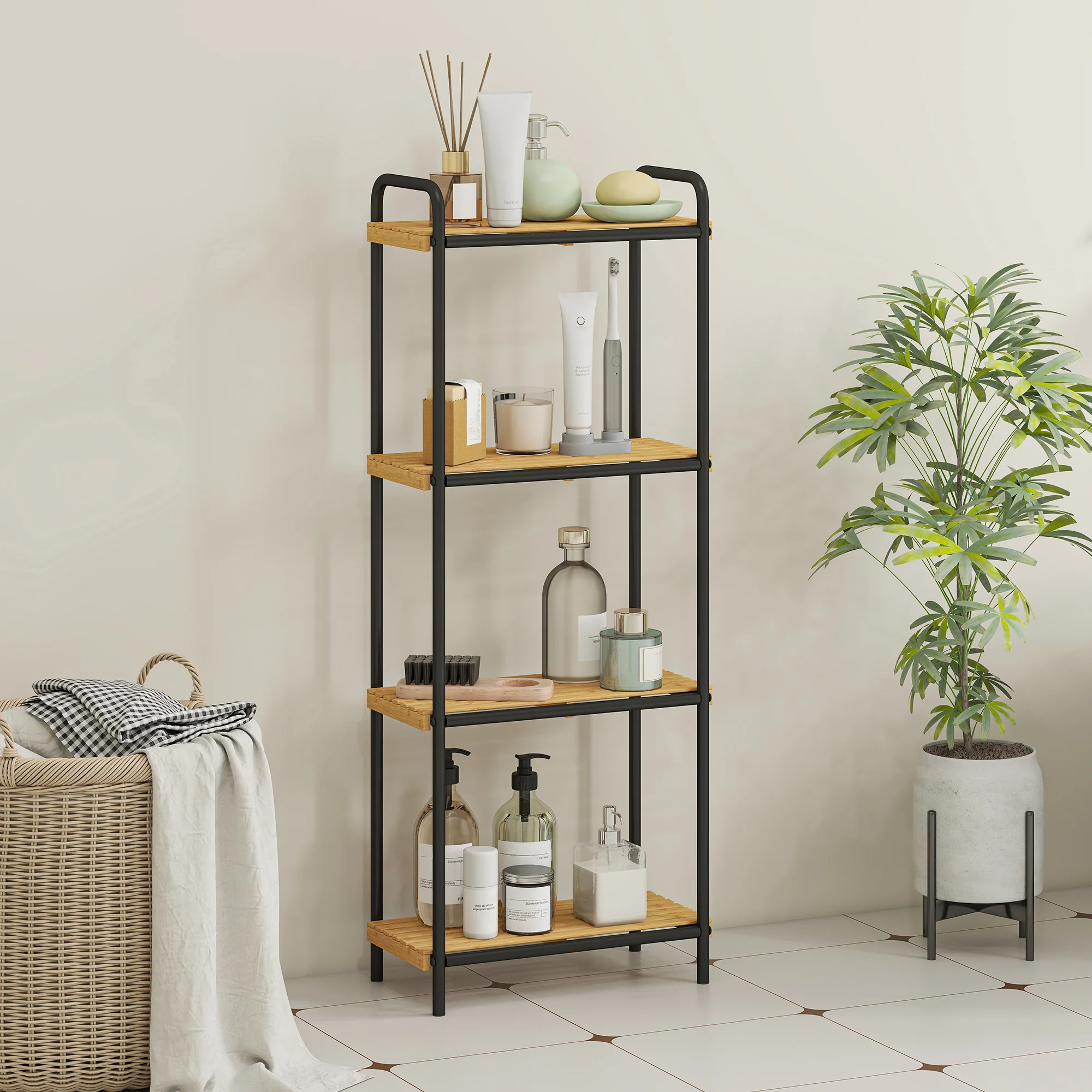 HOMCOM Tier Bamboo Bathroom Shelf, Freestanding Shelving Unit - Image 11